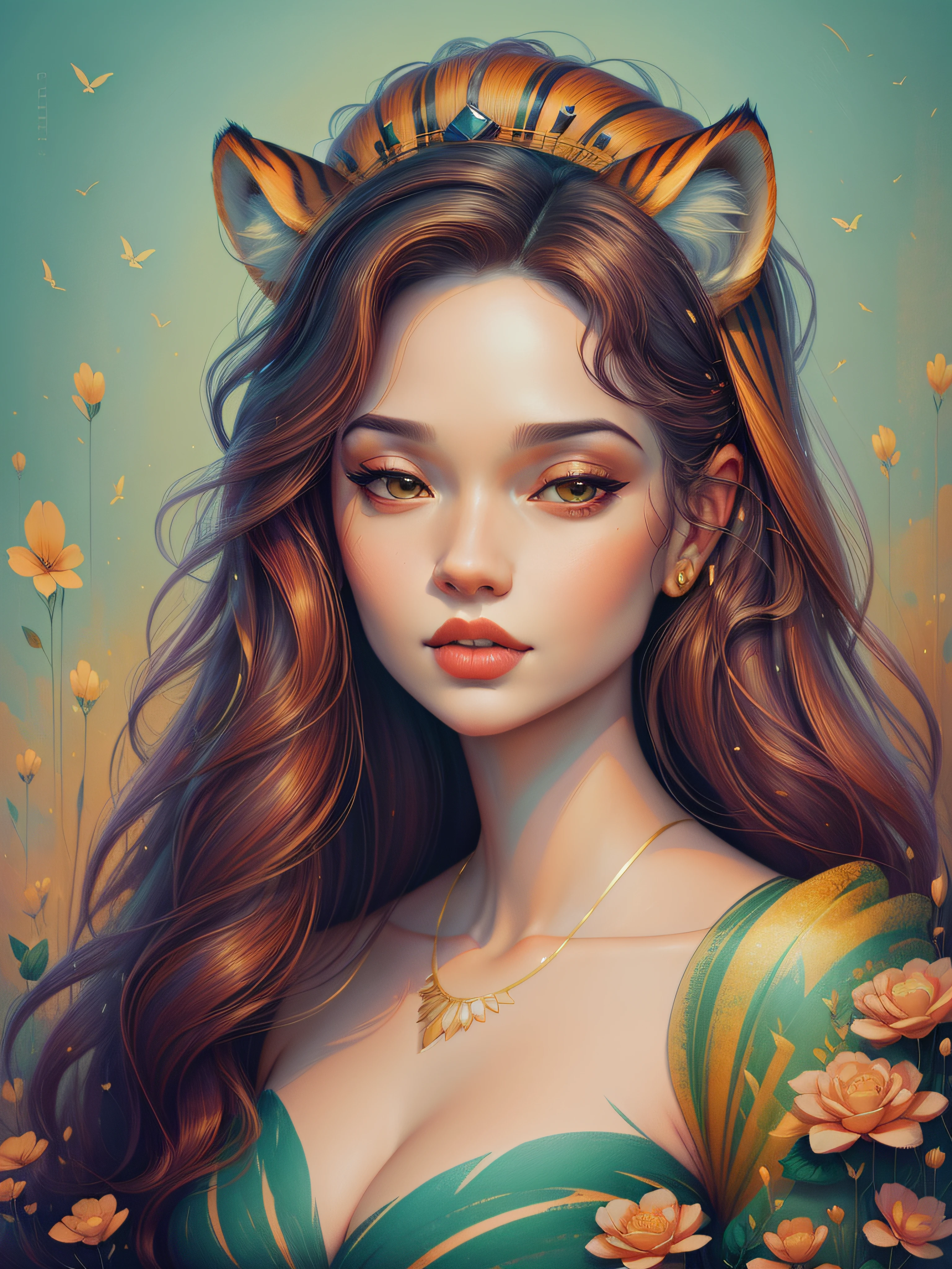 painting of a woman with a tiger on her head, stunning digital illustration, beautiful digital illustration, exquisite digital illustration, in style of digital illustration, beautiful digital artwork, beautiful gorgeous digital art, gorgeous digital art, stunning digital painting, gorgeous digital painting, in style of digital painting, beautiful digital art, beautiful digital painting, digital fantasy portrait, lois van rossdraws