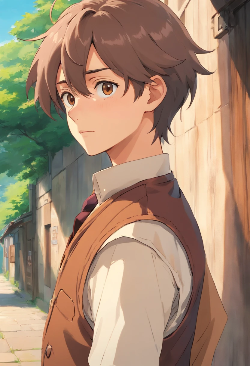 anime boy, short ponytail, black eyes, wearing sleevesless brown vest, smale mole under one eye, thick lips, sharp visuals