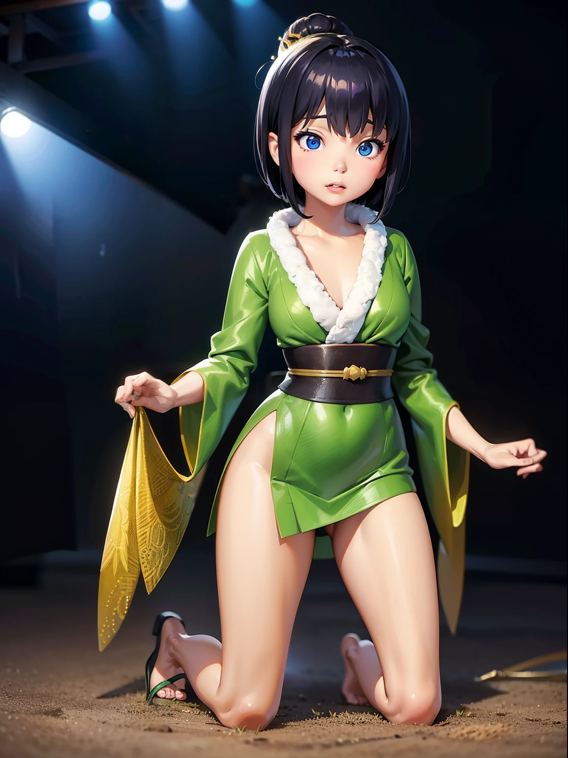 A dark-haired、1Japanese woman、Bery short hair、Tinker Bell Costume、Full body like、