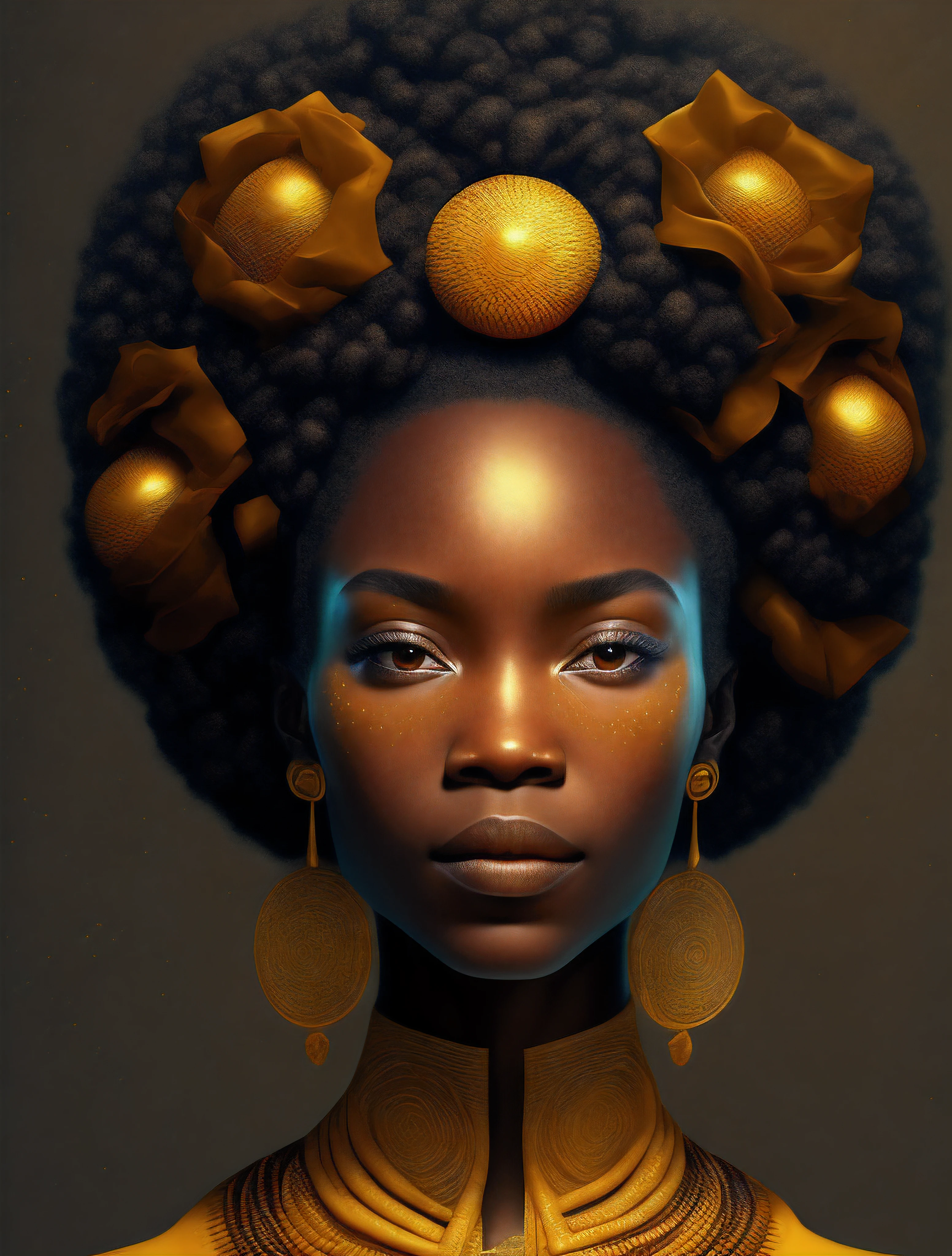 oxum, rainha africana, mulher linda, deusa, Yoruba, negra, hight definition, mulher linda, rainha das cachoeiras, vestindo um ade detalhado e intrincado, branco, amarelo e dourado, deusa dadas aguas de rios, olhar meigo, sweet countenance cosmic goddess, roupas amarelas, afrofuturista