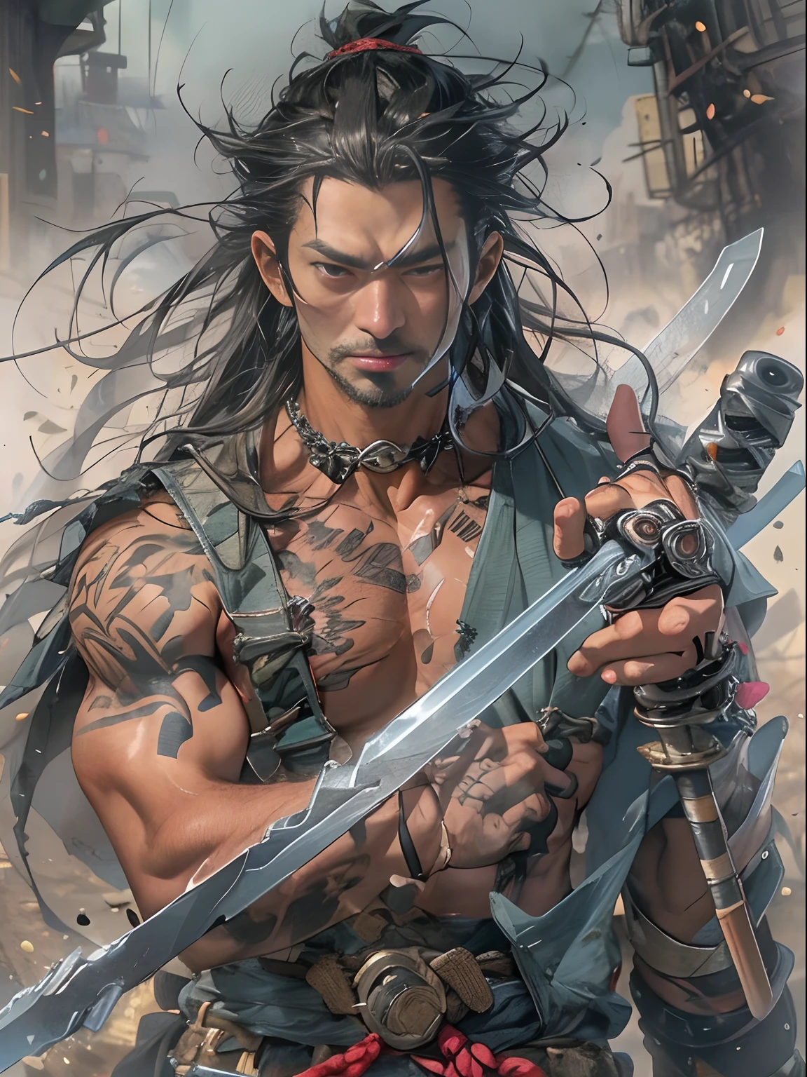 (((mtu))), (((best qualityer))), (((tmasterpiece))), (((AS-Adult))), ((( Japanese ))), Look up from your knees, Handsome Asian samurai,perfect body figure, Modern samurai, ((( Asian))), Wear gloves on your hands,The left arm is made of steel and metal tips,Made of protective devices, The eyes are pulled, (( Appears below the chest )), (( Small dental floss )), Simon Bisley, Almost naked(Simon Bisley)Castle City Wilderness,For high-resolution posters, hair straight, Minimum clothing, armure (Crazy clothes ), Full of tips and rivets, tribal tattoos, (((full bodyesbian))), Straight brunette hair,Colored hair ends