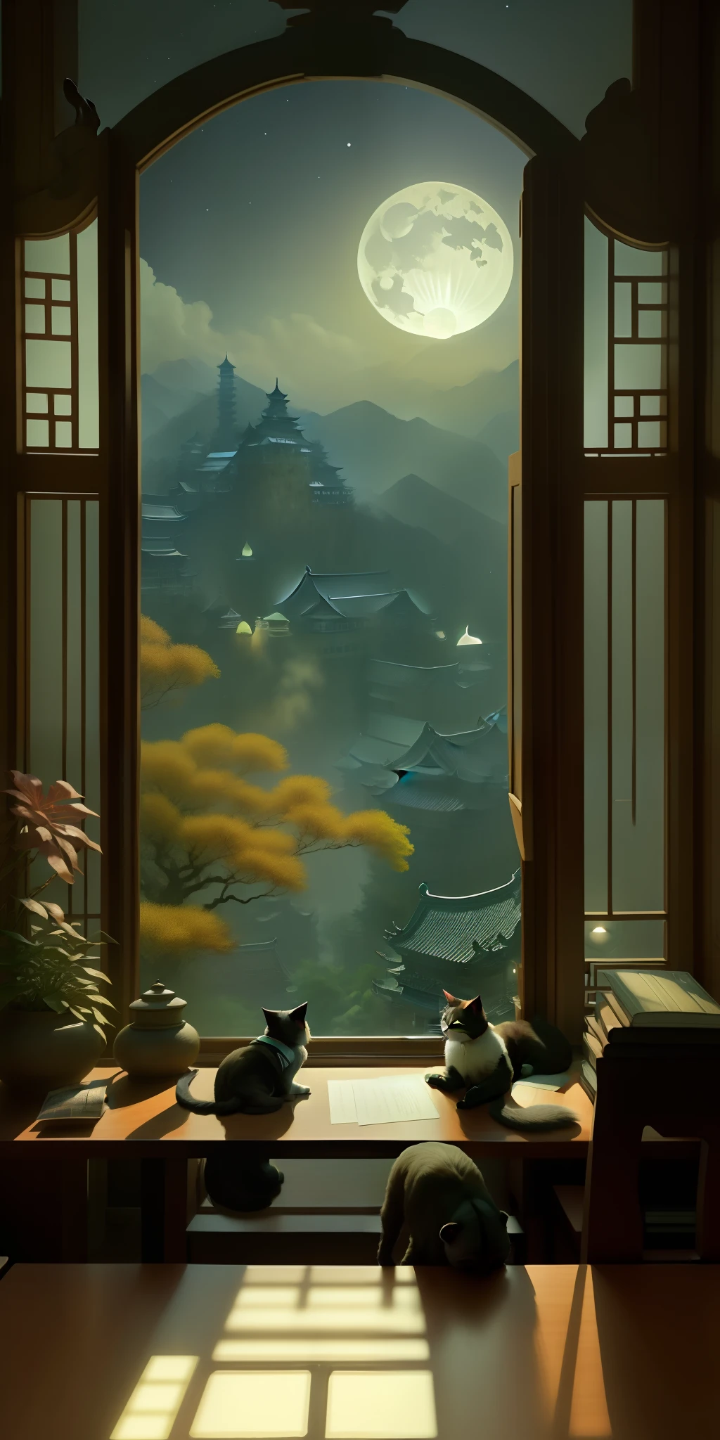 The beauty of China in the Song Dynasty，In front of the window is a table，A cat crawls on the table，There was a stack of books on the table，pen, ink and paper，Computer：1.2，high-class，big window，lots of plants，There is a moon at night