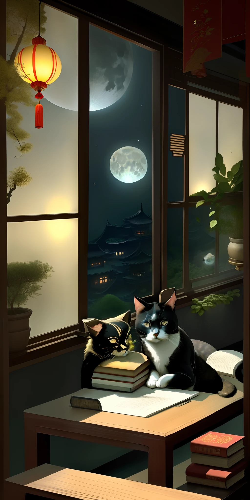 The beauty of China in the Song Dynasty，In front of her was a table，There is a cat under the table。There was a stack of books on the table，pen, ink and paper，Computer：1.2，high-class，big window，lots of plants，There is a moon at night
