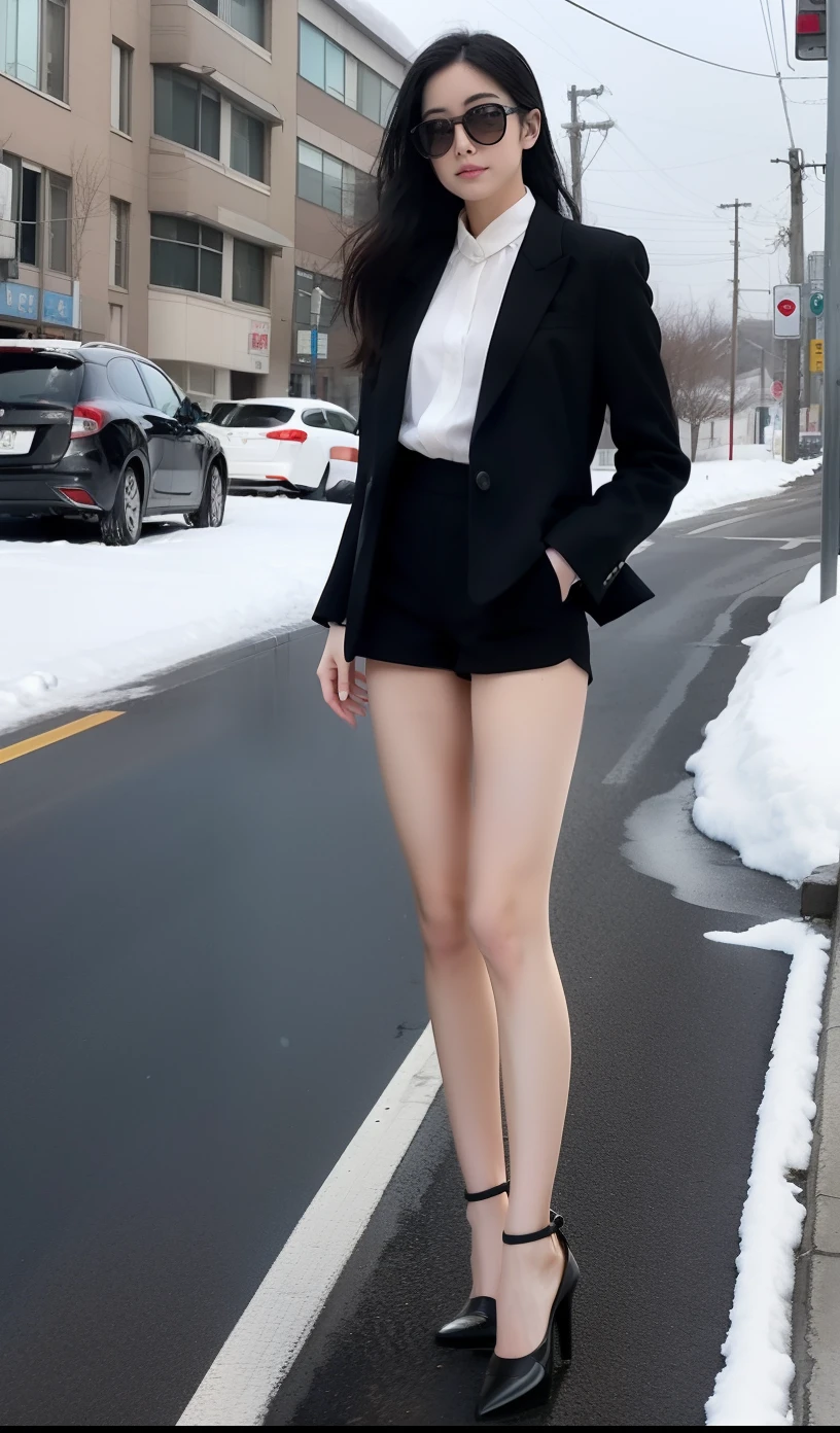 A Japanese Lady、beauitful face、Long Black Hair、Black sunglasses、black suits、Micro shorts、Black heels、beauty legs、Raw feet、tall、long legged、Clean thighs、Oyuki、snow blowing、snow cover、blizzard、heavy wind、Hair disheveled in the wind、Poor visibility due to snow