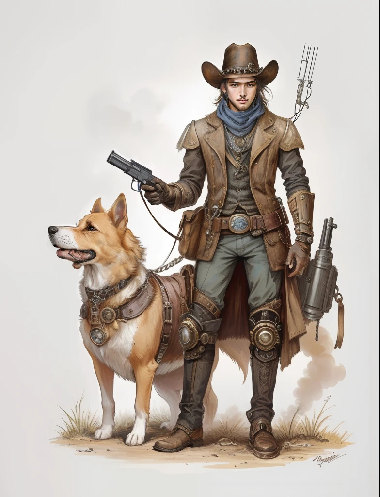 There's a man with a gun and a dog on a leash, post - apocalyptic cowboy, ciborgue steampunk ocidental, cyberpunk oeste selvagem, Pistoleiro ocidental, O Cowboy no Estranho Oeste, detailed steampunk illustration, steampunk dog, quadrinhos ocidentais inspirados, arte conceitual steampunk, post - apocalyptic cowgirl, steampunk illustration, oeste estranho, Arte do personagem RPG, estilo de fantasia steampunk, arte em quadrinhos ocidental