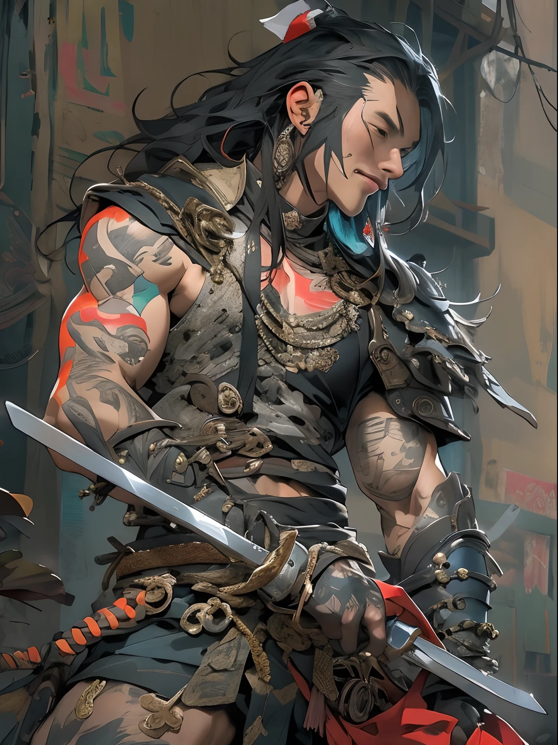 (((mtu))), (((best qualityer))), (((tmasterpiece))), (((AS-Adult))), ((( Japanese ))), Look up from your knees, Handsome Asian samurai,perfect body figure, Modern samurai, ((( Asian))), Wear gloves on your hands,The left arm is made of steel and metal tips,Made of protective devices, The eyes are pulled, (( Appears below the chest )), (( Small dental floss )), Simon Bisley, Almost naked(Simon Bisley)Castle City Wilderness,For high-resolution posters, hair straight, Minimum clothing, armure (Crazy clothes ), Full of tips and rivets, tribal tattoos, (((full bodyesbian))), Straight brunette hair,Colored hair ends