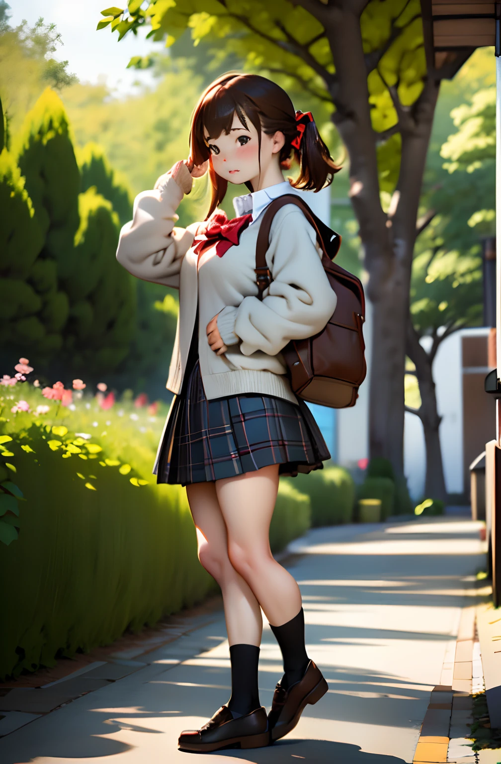 top-quality,masutepiece,Anime style,parfect anatomy,独奏,skirt by the, bags, plein air, jaket, Standing, sockes, shoe, looking at the viewers, Brown Footwear, 校服, Plaid, lowfers, blazers, brown haired, plaid skirts, Black socks, long-sleeve, bangss, Open your clothes, Open jacket, the bow, Brown-eyed, pleatedskirt, a bow tie, tag, length hair, full body Esbian, bush, Red bow, Knee height, The shirt, Mouth closed, sleeves past wrists, rucksack, hand on own face, red bowtie, Black jacket, a school bag, red blush, a plant, Brown skirt, Put your hand on your cheek, bblurry, From Side, raise two hands, look at side, shirt with collar, a miniskirt, white  shirt, Cardigan, Grassy, Sweaters, Light smile,longshot, (low angles), (top down), Realistic scale,Significant shrinkage:1.5、photos realistic、Super Detail, Realistic, Super realistic, lifelike rendering,plein air,Cherry blossom blooming street,Professional Photographer