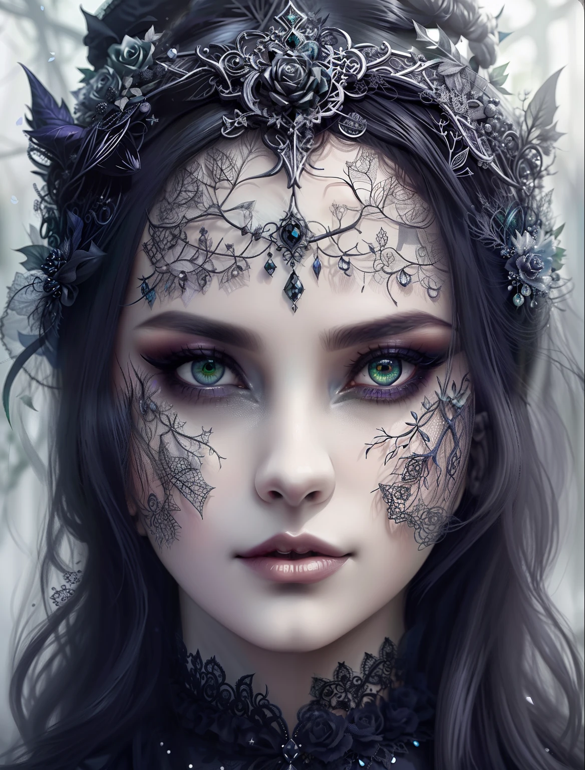 a woman with a crown on her head and a face covered in leaves, gothic face, cara bonito. fantasia sombria, gothic girl face, Fantasia sombria misturada com realismo, gothic fantasy, Gothic fantasy art, Necromante bonito, Beautiful elegant demon queen, fantasia arte escura, belo rosto intrincado, retrato de fantasia fosco detalhado, rosto pontiagudo e olhos cinzentos, olhos intrincados