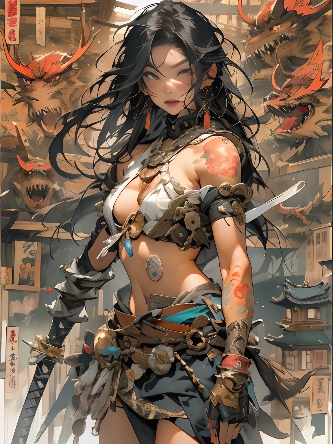 (((woman))), (((best qualityer))), (((tmasterpiece))), (((AS-Adult))), ((( Japanese ))), Look up from your knees, A beautiful asian samurai woman with perfect body, Modern samurai, ((( Asian))), Wear gloves on your hands，The left arm is made of steel and metal tips，Made of protective devices, The eyes are pulled, (( Appears below the breast )), (( Small dental floss )), Simon Bisley, Almost naked（Simon Bisley）Castle City Wilderness，For high-resolution posters, hair straight, Minimum clothing, armure (Crazy clothes ), Full of tips and rivets, tribal tattoos, (((full bodyesbian))), Straight brunette hair，Colored hair ends