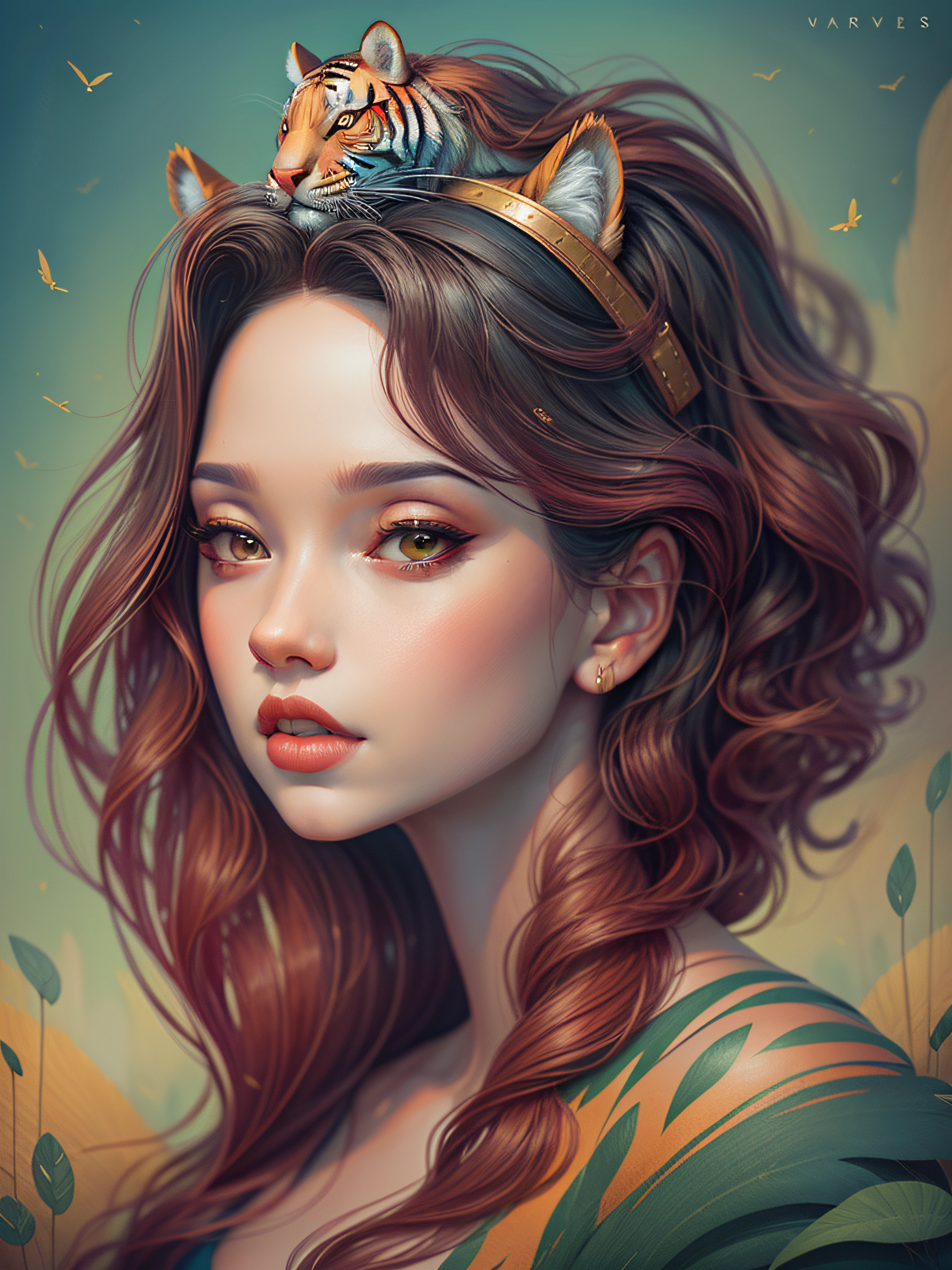 painting of a woman with a tiger on her head, stunning digital illustration, beautiful digital illustration, exquisite digital illustration, in style of digital illustration, beautiful digital artwork, beautiful gorgeous digital art, gorgeous digital art, stunning digital painting, gorgeous digital painting, in style of digital painting, beautiful digital art, beautiful digital painting, digital fantasy portrait, lois van rossdraws