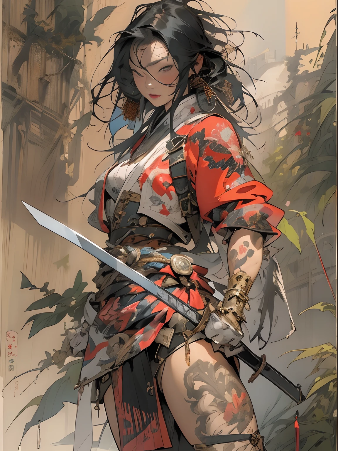 (((woman))), (((best qualityer))), (((tmasterpiece))), (((AS-Adult))), ((( Japanese ))), Look up from your knees, A beautiful asian samurai woman with perfect body, Modern samurai, ((( Asian))), Wear gloves on your hands,The left arm is made of steel and metal tips,Made of protective devices, The eyes are pulled, (( Appears below the breast )), (( Small dental floss )), Simon Bisley, Almost naked(Simon Bisley)Castle City Wilderness,For high-resolution posters, hair straight, Minimum clothing, armure (Crazy clothes ), Full of tips and rivets, tribal tattoos, (((full bodyesbian))), Straight brunette hair,Colored hair ends
