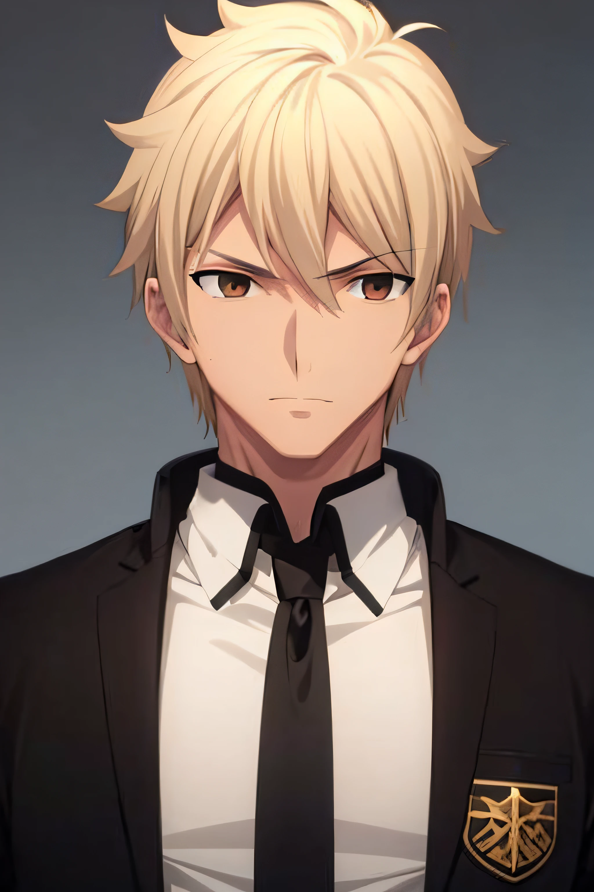 1boy,student,beautifull , gakuran,masterpiece,better quality,portrait,simple background,blonde hair,tall,muscular,younger,school uniform,short hair,only upperbody,brown eyes,