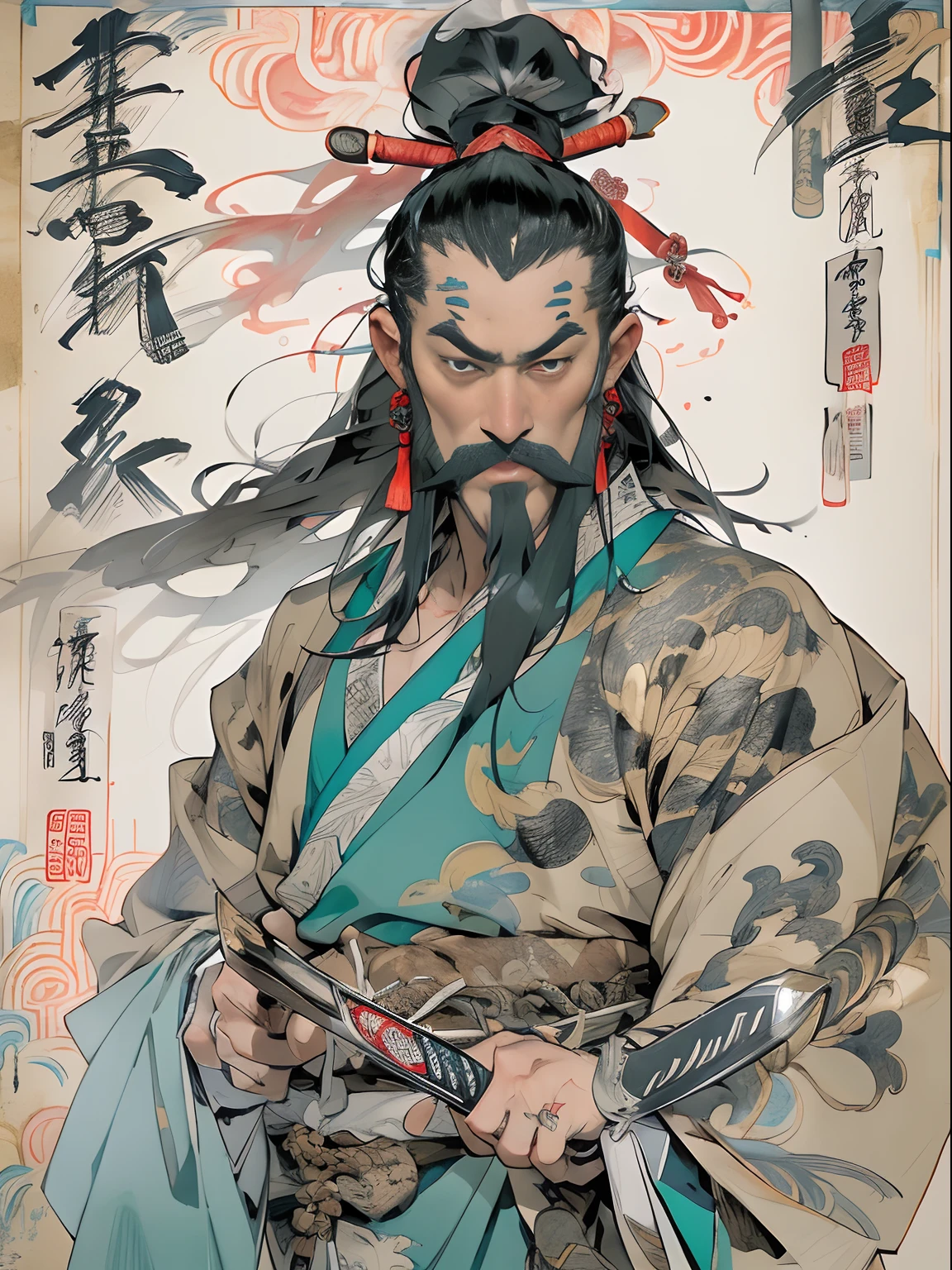 (((China-style,Ink painting method,Half-length portrait,Intense color,Han dynasty, China,Hanfu,Armor,Guan yu,Guan Yunchang,of a guy,Ruddy killing square face,Hold the Blue Dragon Moon Knife in his right hand,Stroke your beard with your left hand,Long hair,petty eyes,Green robe))), (((best qualityer))), (((tmasterpiece))), (((AS-Adult))), ((( Japanese ))), Look up from your knees, Handsome Asian samurai,perfect body figure, Modern samurai, ((( Asian))), Wear gloves on your hands,The left arm is made of steel and metal tips,Made of protective devices, The eyes are pulled, (( Appears below the chest )), (( Small dental floss )), Simon Bisley, Almost naked(Simon Bisley)Castle City Wilderness,For high-resolution posters, hair straight, Minimum clothing, armure (Crazy clothes ), Full of tips and rivets, tribal tattoos, (((full bodyesbian))), Straight brunette hair,Colored hair ends
