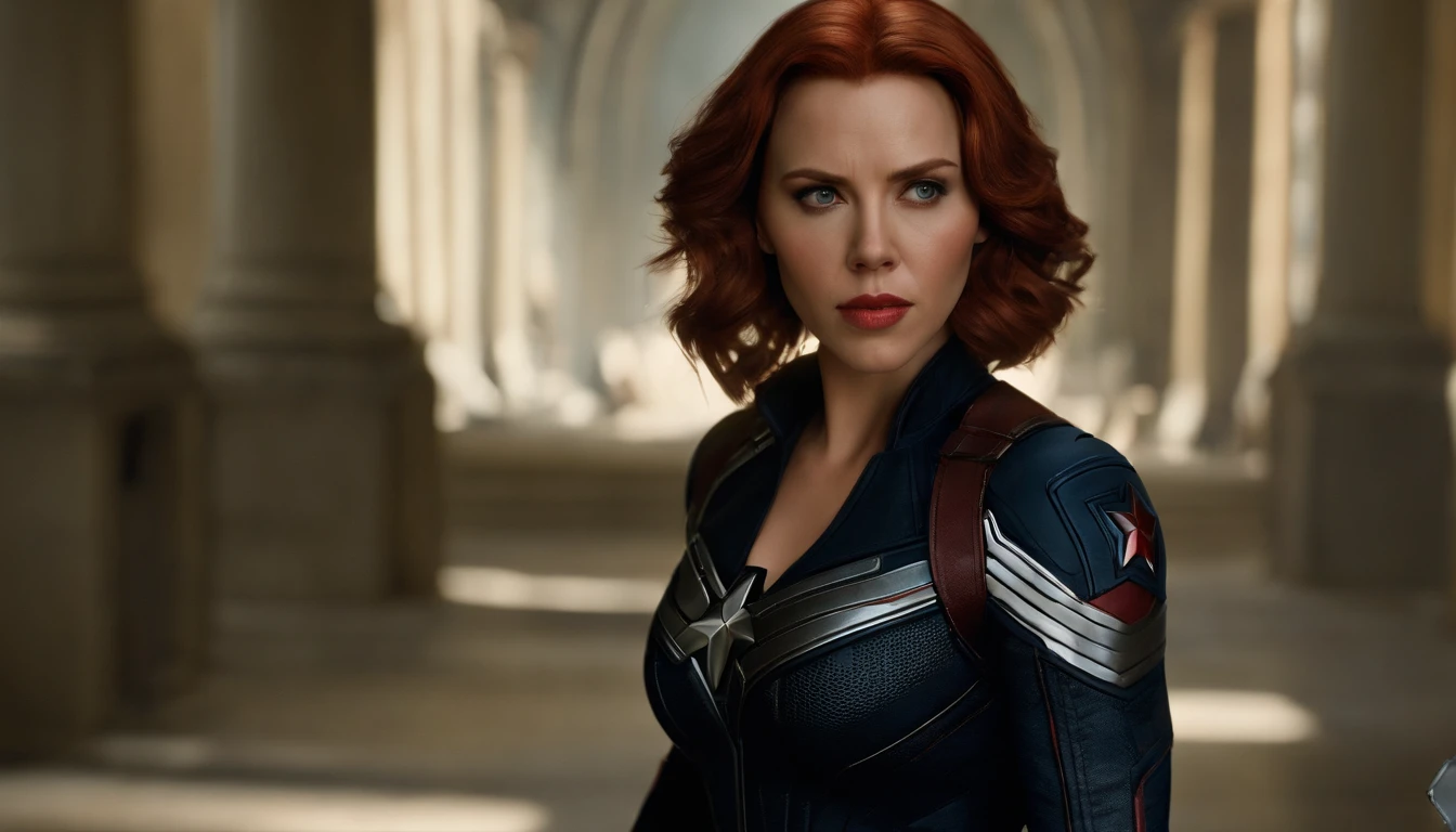 (masterpiece), (best quality), (photorealistic:1.3), 8k, detailed skin texture, detailed cloth texture, beautiful detailed face, intricate details, ultra detailed, scarlett johansson, Black Widow in the style of the Captain America, straight red hair, (full-length body:1.2)