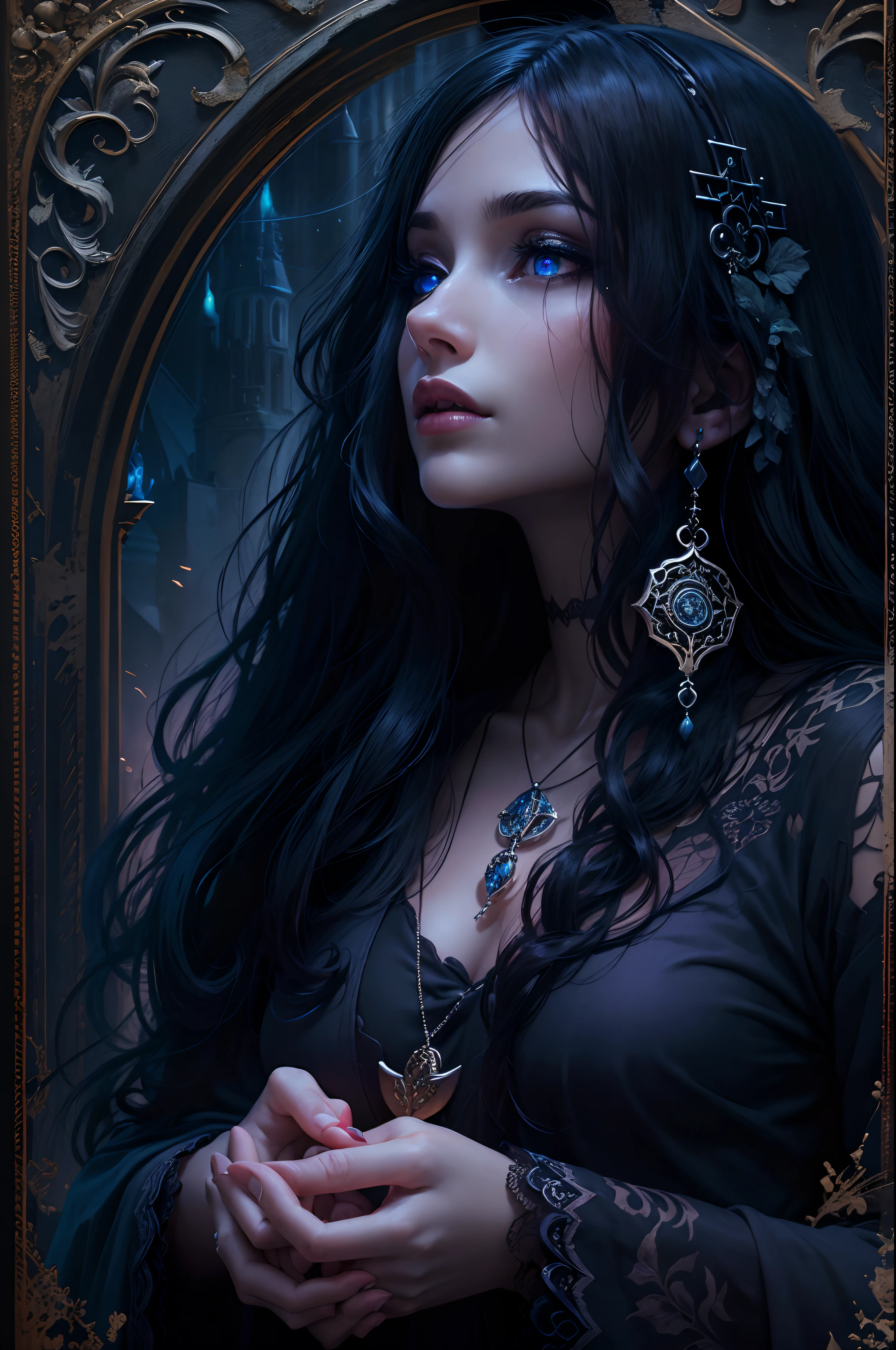 (best quality,highres,masterpiece:1.2),dark and mysterious,gothic enchantress,spell casting,mesmerizing gaze,detailed black lace dress,ornate headdress,magic swirling in the air,eerie moonlit night,ominous shadows,fog rolling in,hauntingly beautiful,ethereal atmosphere,mystical charms and potions,enchanted forest background,crimson color palette,soft candlelight flickering,deep purple velvet drapes,enchanted amulet,graceful and elegant movements,subtle hints of magic and mystery,delicate henna tattoos,witchcraft and sorcery,heart-shaped pendant,spiraling tendrils of smoke,dark crimson lipstick,piercing blue eyes,enchanted sigils,whispers of ancient incantations,silhouette against the moon,secret rituals and hidden knowledge,intricate details and fine craftsmanship,spellbook with worn pages,flowing black hair,haunting presence,floating ethereal wisps,moonstone jewelry and accessories,mysterious symbols and runes,spellbound audience,gothic architecture with towering spires,ethereal beauty bathed in moonlight.