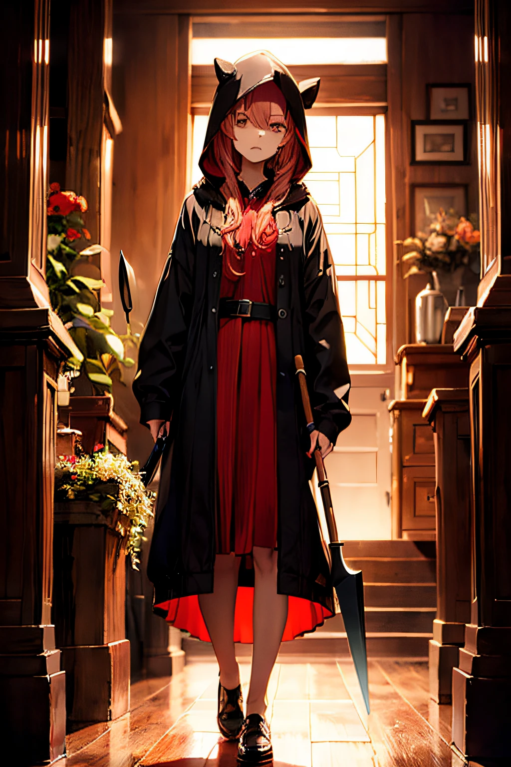 Cute hooded Grim Reaper shrouded in dark mist,Wielding a scythe,Emerge from the swirling shadows.Stand in the Cemetery of Forgotten Souls.(light brown and red striped hair, :1.3,),Perfect face,Proper body proportion,masutepiece,Super high-quality output images,超A high resolution,Intricate details,Extremely delicate and beautiful,photographrealistic,Dreamy,Professional Lighting,realistic shadow,Solo Focus,Beautiful hands,Beautiful fingers,Beautiful breast slip、Detailed red mouth、Detailed red cheeks