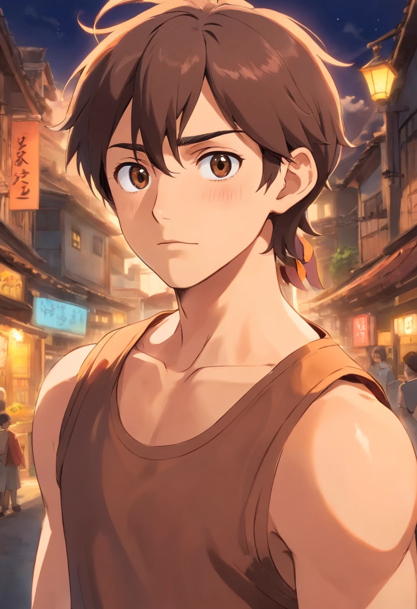 anime boy, ponytail, black eyes, wearing sleevesless open brown vest, smale mole under one eye, thick lips, sharp visuals, cinematic background,