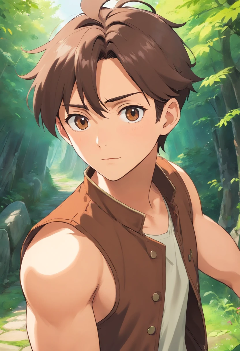 anime boy, ponytail,  black eyes, wearing sleevesless open brown vest, smale mole under one eye, thick lips, sharp visuals, cinematic background,