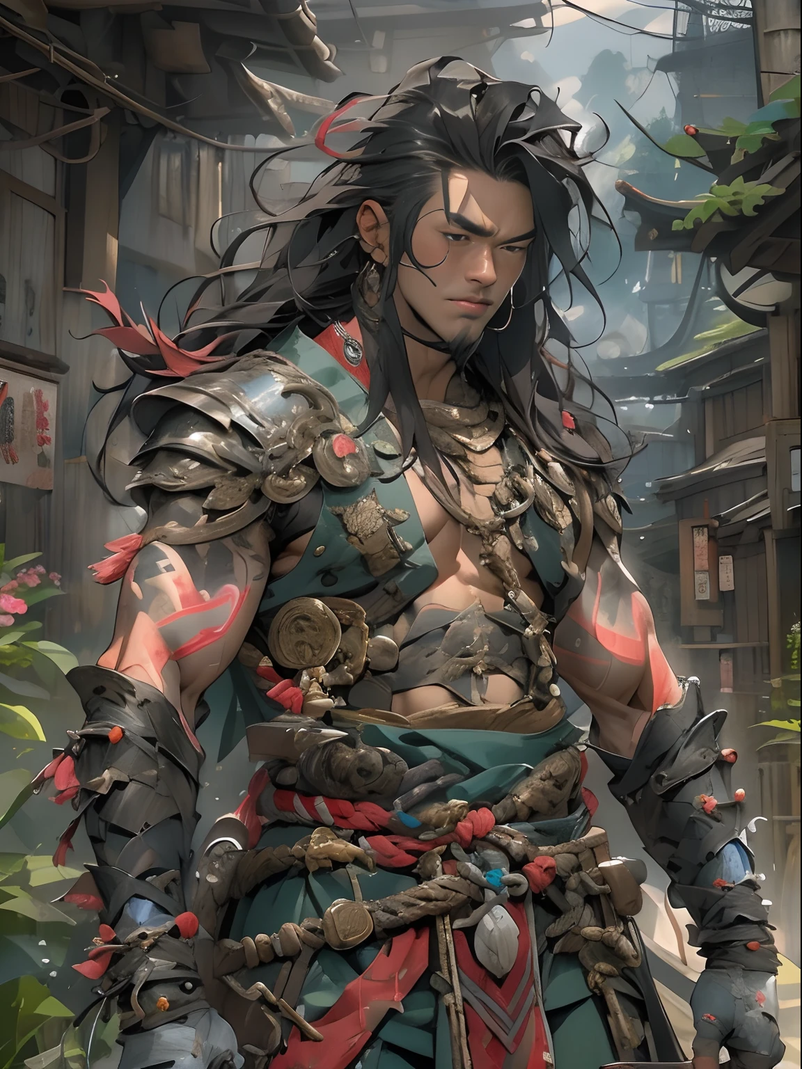 (((mtu))), (((best qualityer))), (((tmasterpiece))), (((AS-Adult))), ((( Japanese ))), Look up from your knees, Handsome Asian samurai，perfect body figure, Modern samurai, ((( Asian))), Wear gloves on your hands，The left arm is made of steel and metal tips，Made of protective devices, The eyes are pulled, (( Appears below the chest )), (( Small dental floss )), Simon Bisley, Almost naked（Simon Bisley）Castle City Wilderness，For high-resolution posters, hair straight, Minimum clothing, armure (Crazy clothes ), Full of tips and rivets, tribal tattoos, (((full bodyesbian))), Straight brunette hair，Colored hair ends