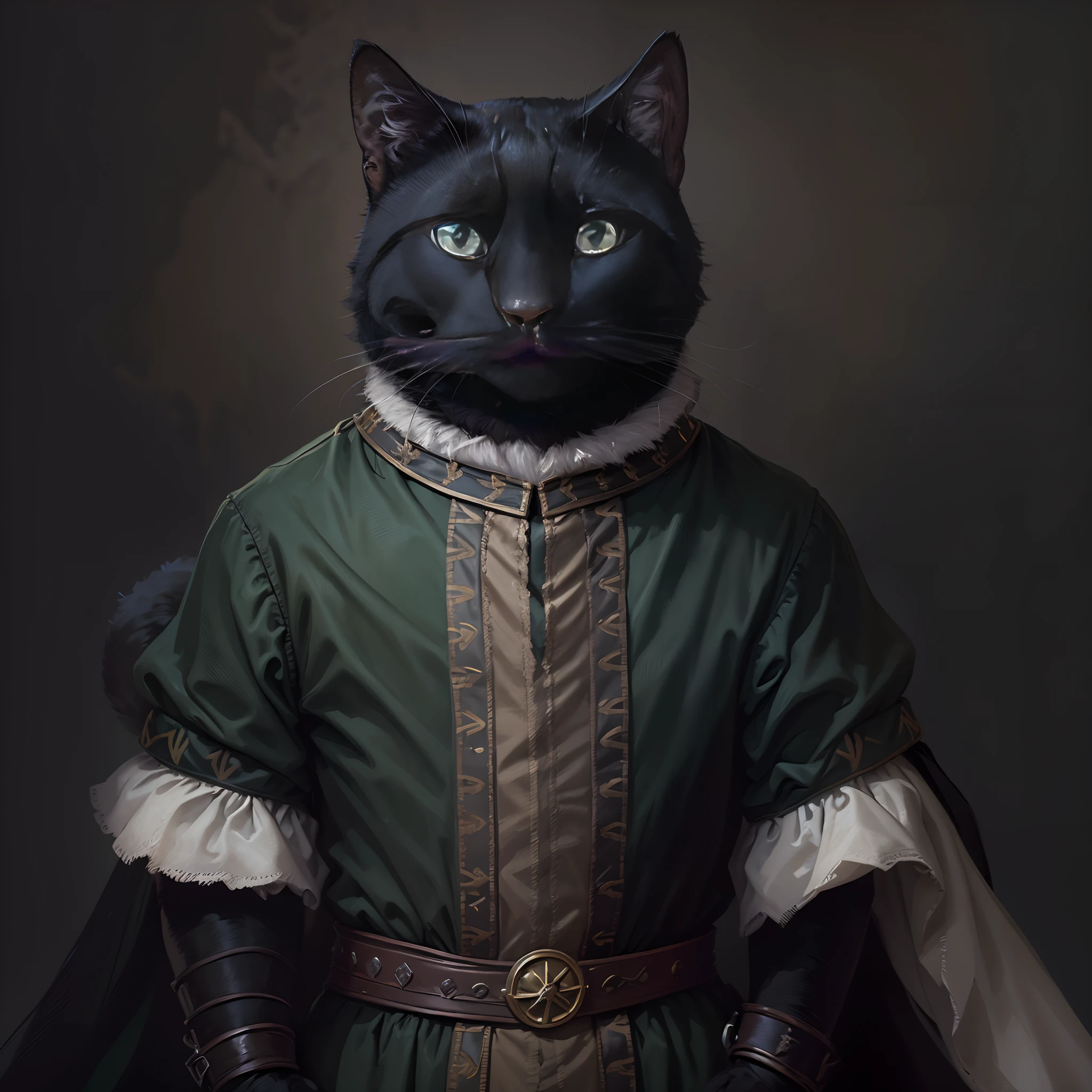 Tchalla, black cat, green eyes, chubby, dressed as a renaissance noble, standing upright, portrait