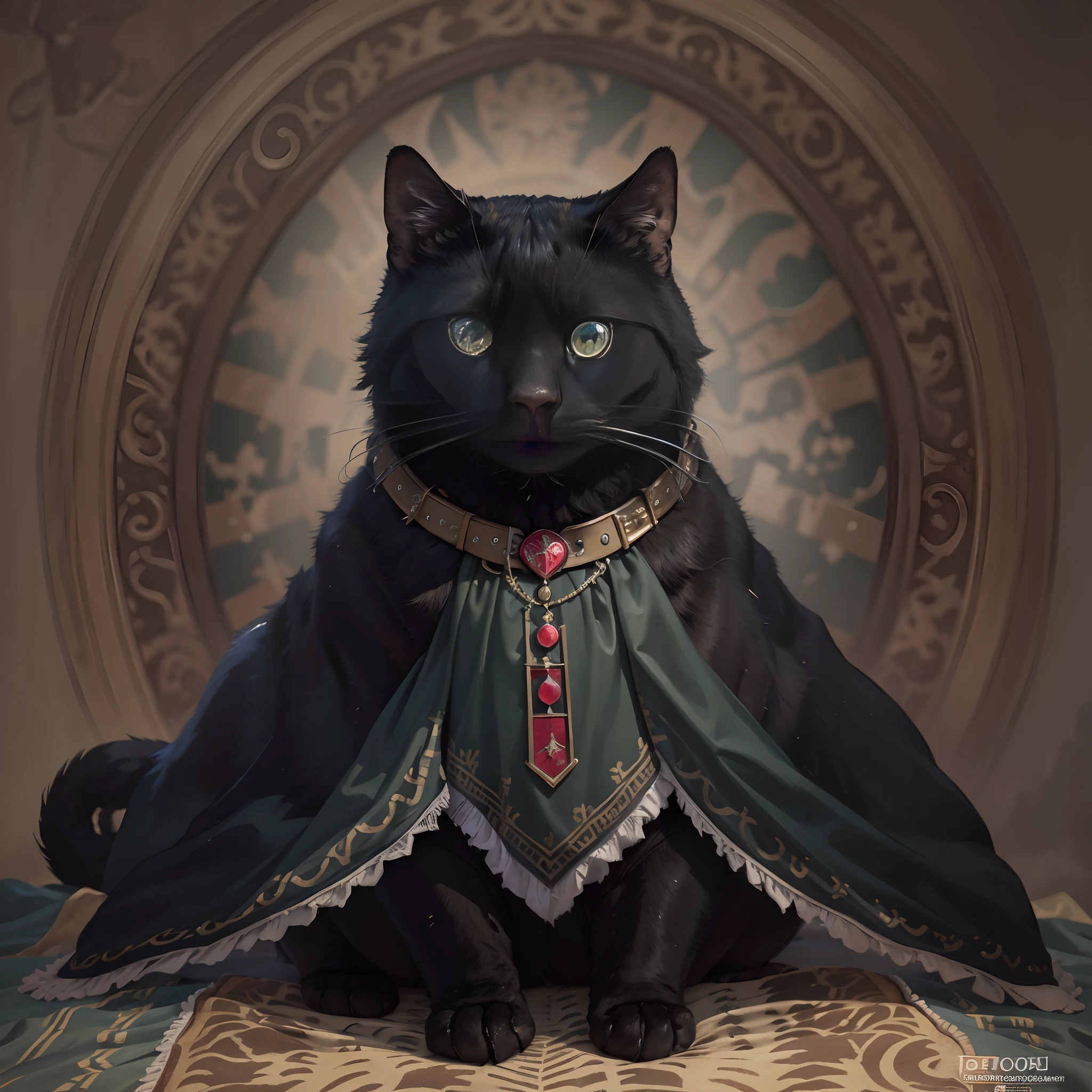 Tchalla, black cat, green eyes, chubby, dressed as a renaissance noble, standing upright, portrait
