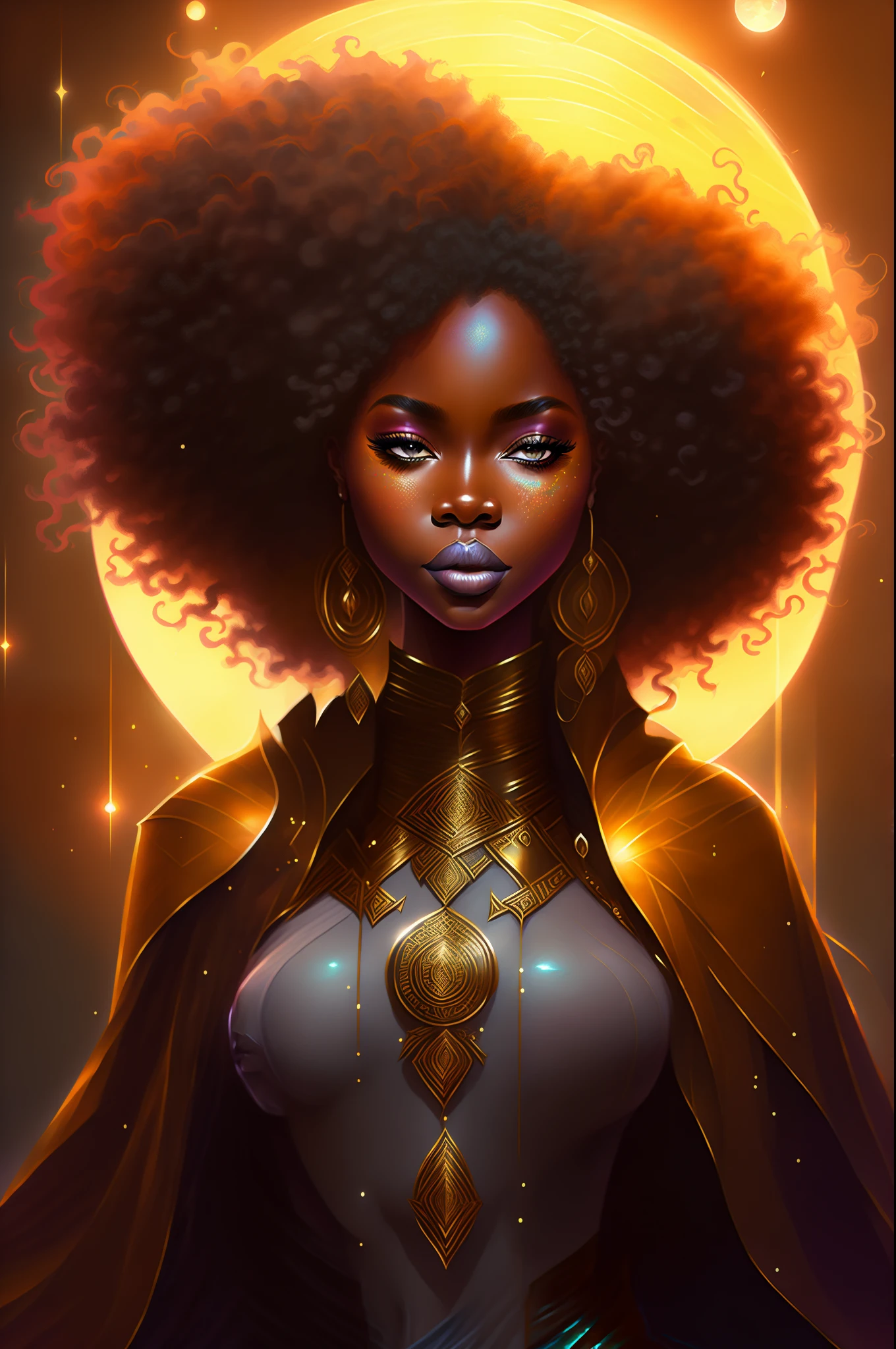 a close up of a woman with a large afro wearing a cape, charlie bowater rich deep colors, charlie bowater character art, stunning digital illustration, dark skin female goddess of love, fantasy concept art portrait, epic portrait illustration, artgerm julie bell beeple, beautiful digital illustration, rossdraws | afrofuturism, charlie bowater art style