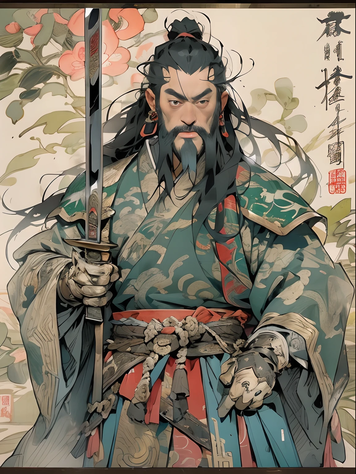 (((China-style，Ink painting method，Half-length portrait，Intense color，Han dynasty, China，Hanfu，Armor，Guan yu，Guan Yunchang，of a guy，Ruddy killing square face，Hold the Blue Dragon Moon Knife in his right hand，Stroke your beard with your left hand，Long hair，petty eyes，Green robe))), (((best qualityer))), (((tmasterpiece))), (((AS-Adult))), ((( Japanese ))), Look up from your knees, Handsome Asian samurai，perfect body figure, Modern samurai, ((( Asian))), Wear gloves on your hands，The left arm is made of steel and metal tips，Made of protective devices, The eyes are pulled, (( Appears below the chest )), (( Small dental floss )), Simon Bisley, Almost naked（Simon Bisley）Castle City Wilderness，For high-resolution posters, hair straight, Minimum clothing, armure (Crazy clothes ), Full of tips and rivets, tribal tattoos, (((full bodyesbian))), Straight brunette hair，Colored hair ends