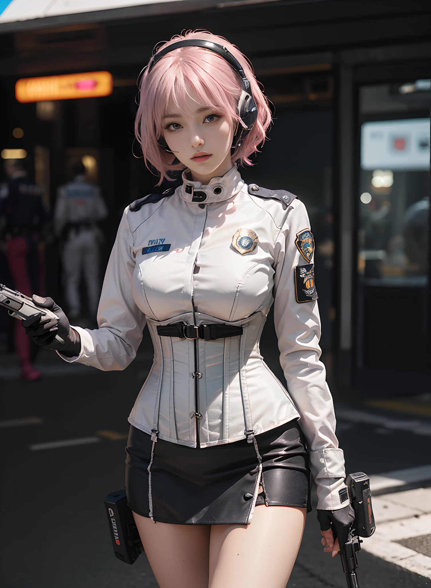 (Top Quality, Ultra High Definition, Photorealistic: 1.4), (cowboy shot:1), 1 Beautiful Girl, (Kpop Idol), Detailed Face, (Hair Style: Pink:1, fullbang, shortbob-style:1), Contrapposto, Perfect Anatomy, Smooth Skin, Professional Lighting, ((wearing Futuristic Police Racing Suits, low-mini-skirt, police wappen, High-tech Headset, military gun-corset, racing gloves, machinegun)), (Cloths colors based on pink silver white black), (background, backstrage),