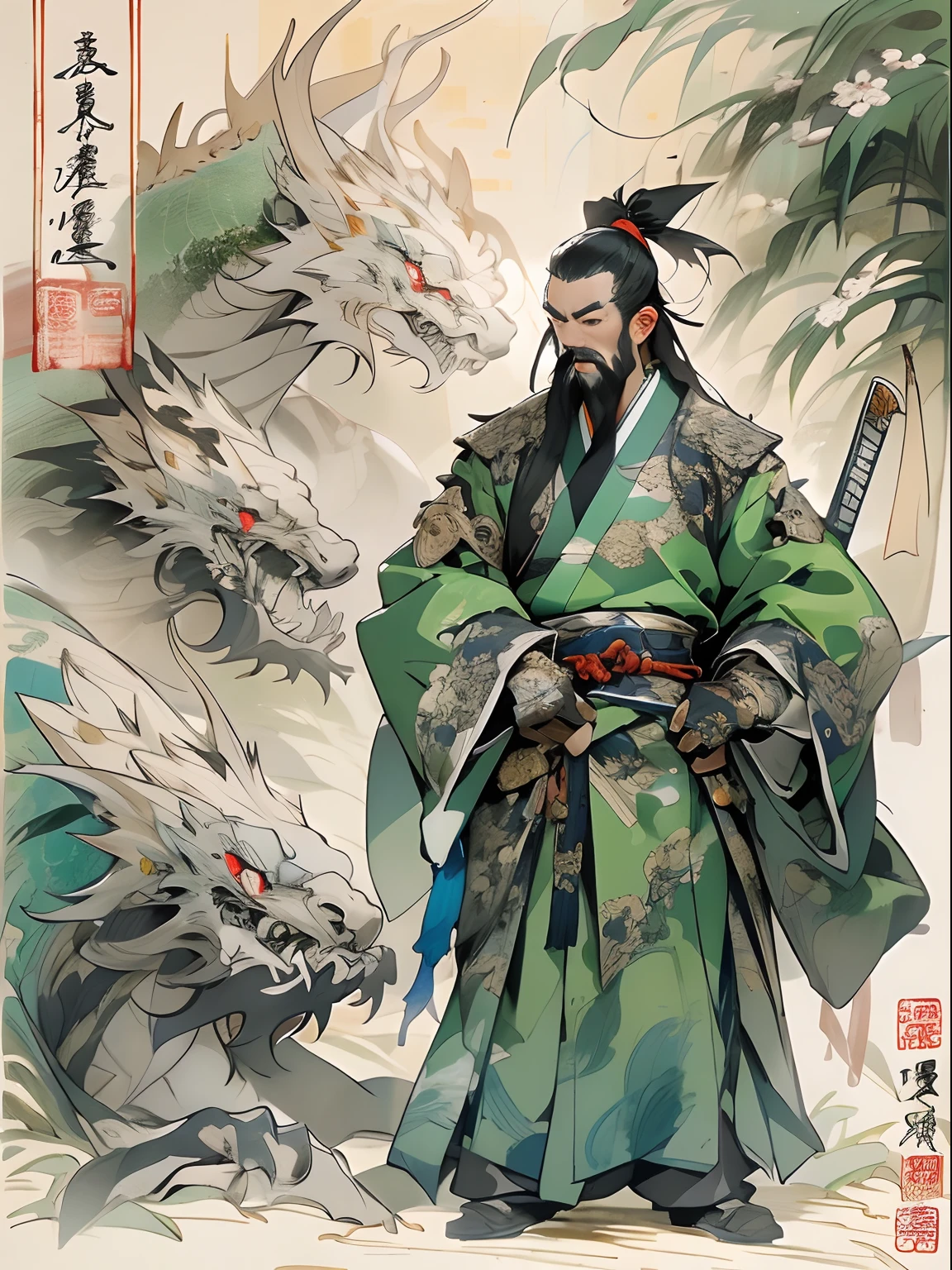 (((China-style,Ink painting method,Half-length portrait,Intense color,Han dynasty, China,Hanfu,Armor,Guan yu,Guan Yunchang,of a guy,Ruddy killing square face,Hold the Blue Dragon Moon Knife in his right hand,Stroke your beard with your left hand,Long hair,petty eyes,Green robe))), (((best qualityer))), (((tmasterpiece))), (((AS-Adult))), ((( Japanese ))), Look up from your knees, Handsome Asian samurai,perfect body figure, Modern samurai, ((( Asian))), Wear gloves on your hands,The left arm is made of steel and metal tips,Made of protective devices, The eyes are pulled, (( Appears below the chest )), (( Small dental floss )), Simon Bisley, Almost naked(Simon Bisley)Castle City Wilderness,For high-resolution posters, hair straight, Minimum clothing, armure (Crazy clothes ), Full of tips and rivets, tribal tattoos, (((full bodyesbian))), Straight brunette hair,Colored hair ends