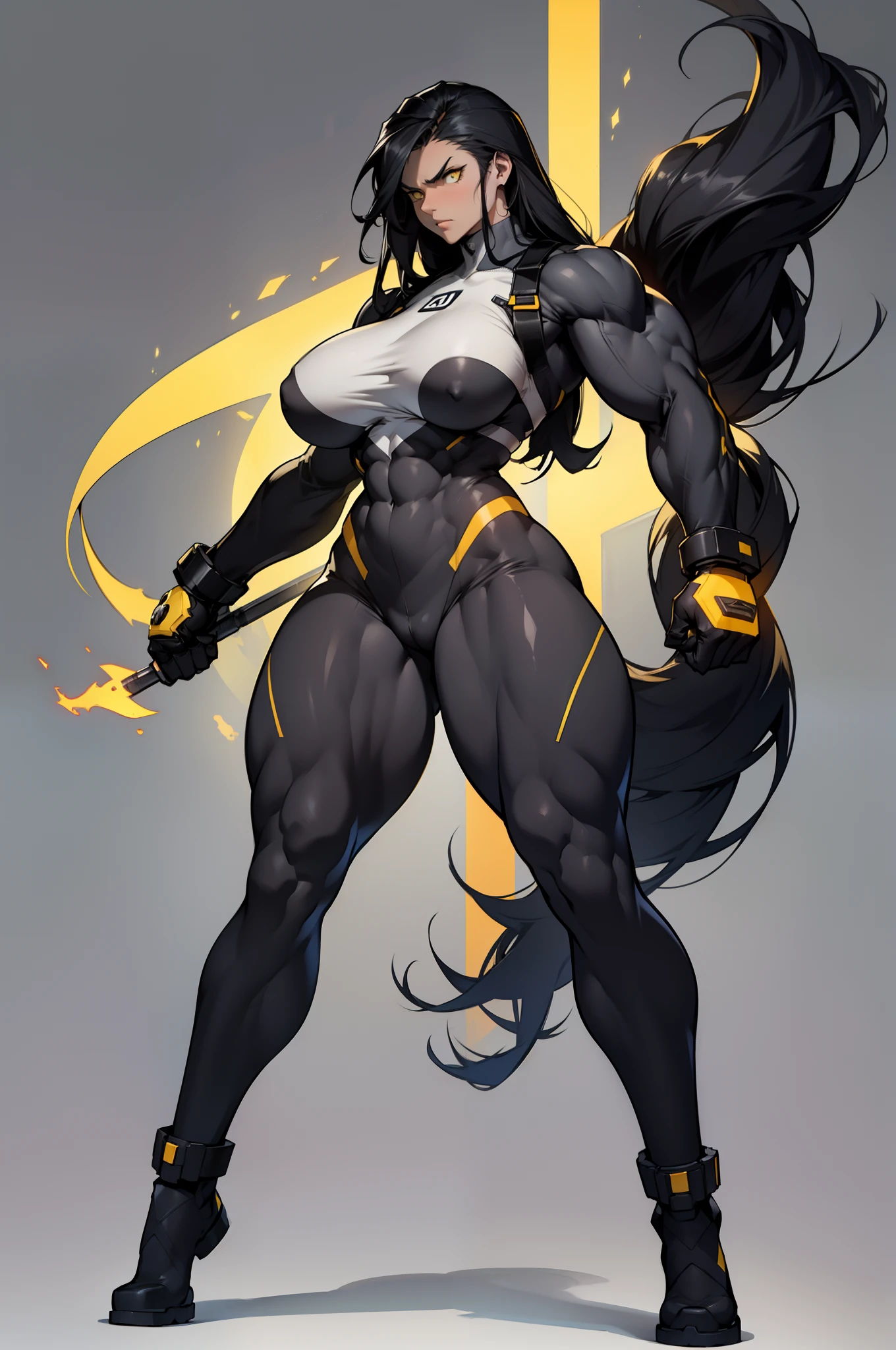 grey background, solo, 1 girl, bodysuit, very long hair, black hair, angry, yellow eyes, ((((muscular)))), ((huge tits)), (thick thighs)), ((wide hips)), (full body), pale skin