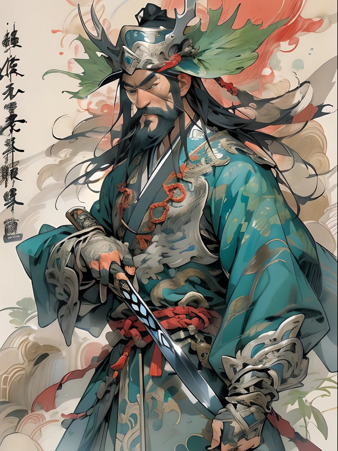 (((China-style，Ink painting method，Half-length portrait，Intense color，Han dynasty, China，Hanfu，Armor，Guan yu，Guan Yunchang，of a guy，Ruddy killing square face，Hold the Blue Dragon Moon Knife in his right hand，Stroke your beard with your left hand，Long hair，petty eyes，Green robe))), (((best qualityer))), (((tmasterpiece))), (((AS-Adult))), ((( Japanese ))), Look up from your knees, Handsome Asian samurai，perfect body figure, Modern samurai, ((( Asian))), Wear gloves on your hands，The left arm is made of steel and metal tips，Made of protective devices, The eyes are pulled, (( Appears below the chest )), (( Small dental floss )), Simon Bisley, Almost naked（Simon Bisley）Castle City Wilderness，For high-resolution posters, hair straight, Minimum clothing, armure (Crazy clothes ), Full of tips and rivets, tribal tattoos, (((full bodyesbian))), Straight brunette hair，Colored hair ends