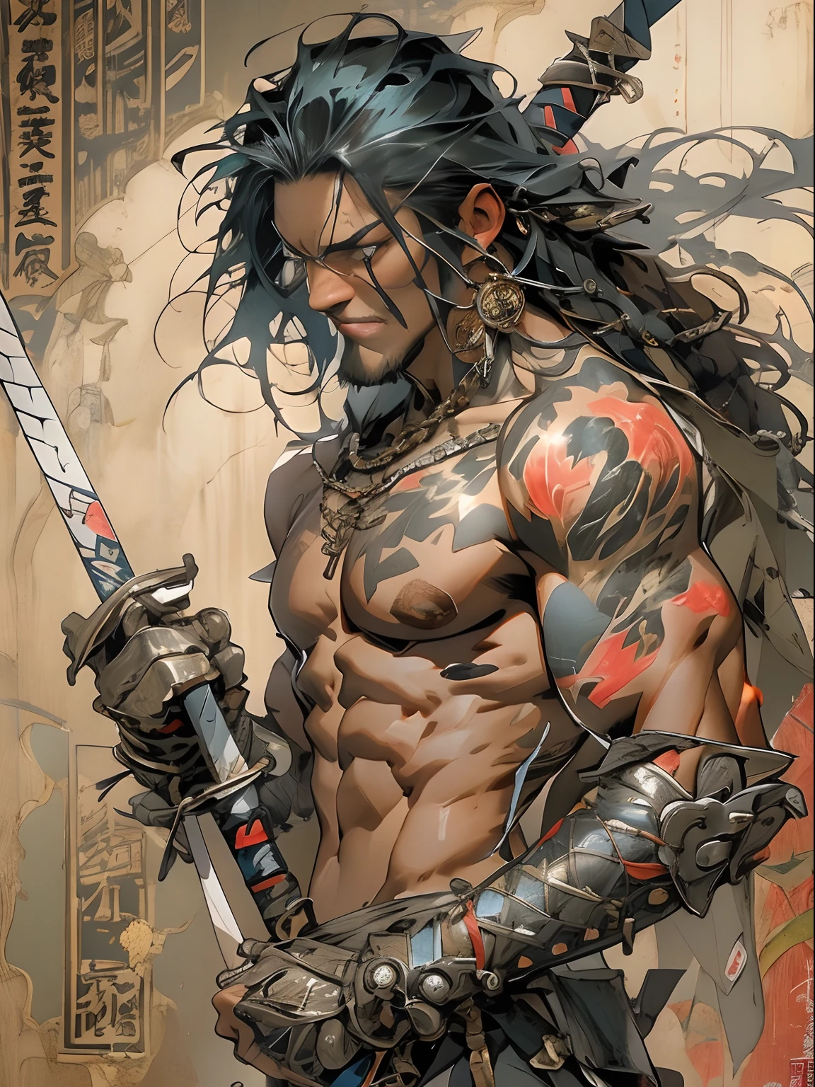(((mtu))), (((best qualityer))), (((tmasterpiece))), (((AS-))), ((( Japanese ))), Look up from your knees, Handsome Asian samurai,perfect body figure, Modern samurai, ((( Asian))), Wear gloves on your hands,The left arm made of steel and metal tipade of protective devices, The eyes are pulled, (( Appears below the chest )), (( Small dental floss )), Simon Bisley, Almost naked(Simon Bisley)Castle City Wildernesor high-resolution posters, hair straight, Minimum clothing, armure (Crazy clotheull of tips and rivets, tribal tattooull bodyesbian))), Straight brunette hair,Colored hair ends