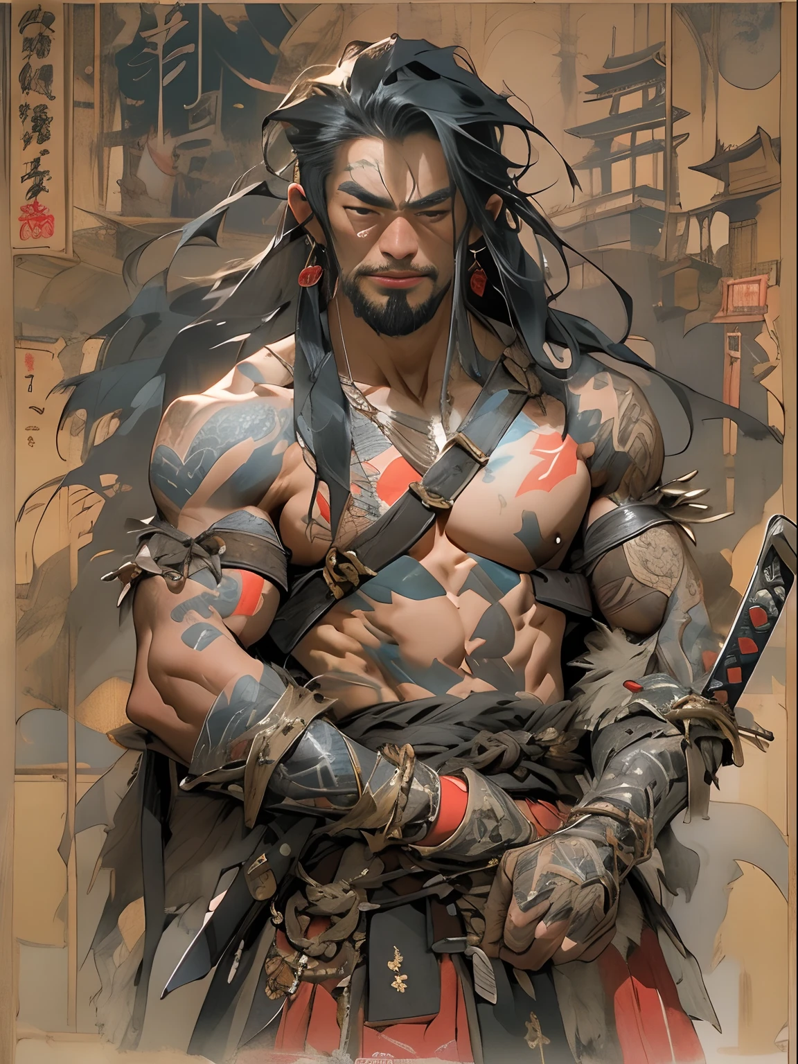 (((mtu))), (((best qualityer))), (((tmasterpiece))), (((AS-))), ((( Japanese ))), Look up from your knees, Handsome Asian samurai,perfect body figure, Modern samurai, ((( Asian))), Wear gloves on your hands,The left arm made of steel and metal tipade of protective devices, The eyes are pulled, (( Appears below the chest )), (( Small dental floss )), Simon Bisley, Almost naked(Simon Bisley)Castle City Wildernesor high-resolution posters, hair straight, Minimum clothing, armure (Crazy clotheull of tips and rivets, tribal tattooull bodyesbian))), Straight brunette hair,Colored hair ends