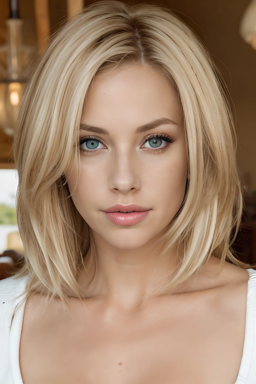 (close-up editorial photo of 40 yo woman, blond hair, slim American sweetheart), (freckles:0.8), (lips parted), realistic green eyes, POV, realistic[:, (film grain, 25mm, f/1.2, dof, bokeh, beautiful symmetrical face, perfect sparkling eyes, well defined pupils, high contrast eyes, ultra detailed skin, skin pores, vellus hair, fabric stitching, fabric texture, wood grain, stone texture, finely detailed features:1):0.9]