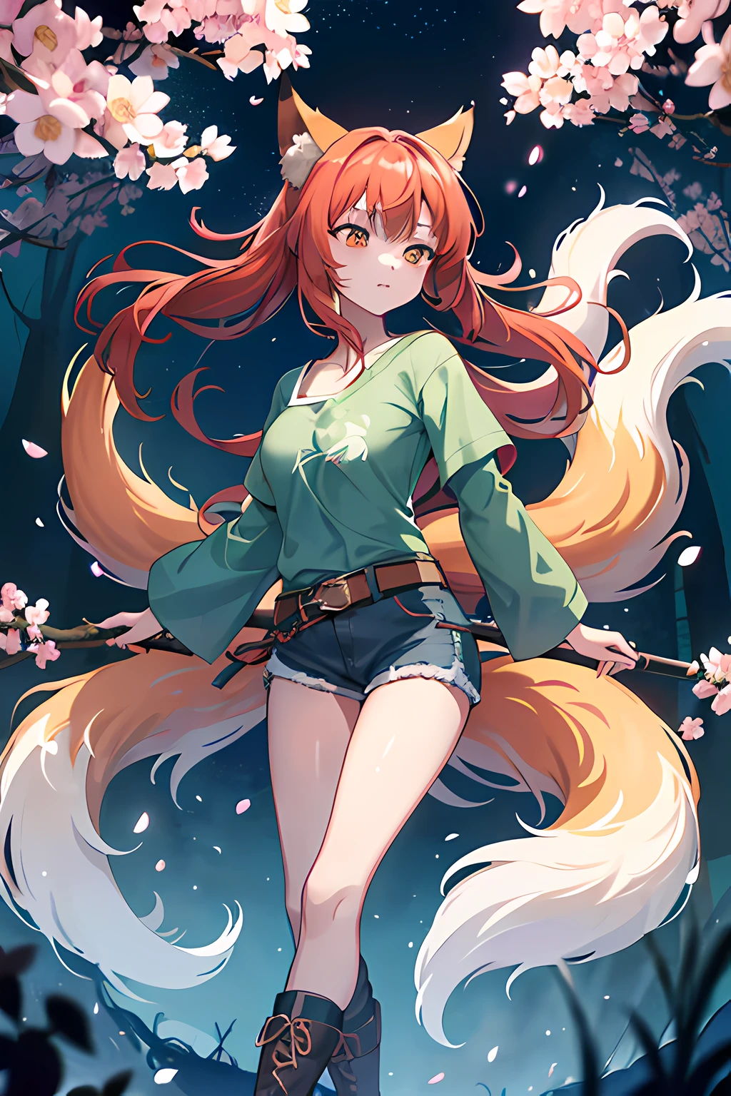 1 Girl, Nine-Tails, (wearing green shirt, blue denim shorts, black belt, brown boots), Rori, Fox, Red and White, Shrine, Super Cute Face, Nine Tails Visible, Dense, High Definition, Cherry Blossom Blooming Forest, Glowing, Blue Flame, Ultra Wide Angle, (Extremely Detailed CG unity 8k wallpaper), (Masterpiece), (best quality), (ultra-detailed), (best illustration),( best shadow), (an extremely delicate and beautiful), dynamic angle, floating, fine detail