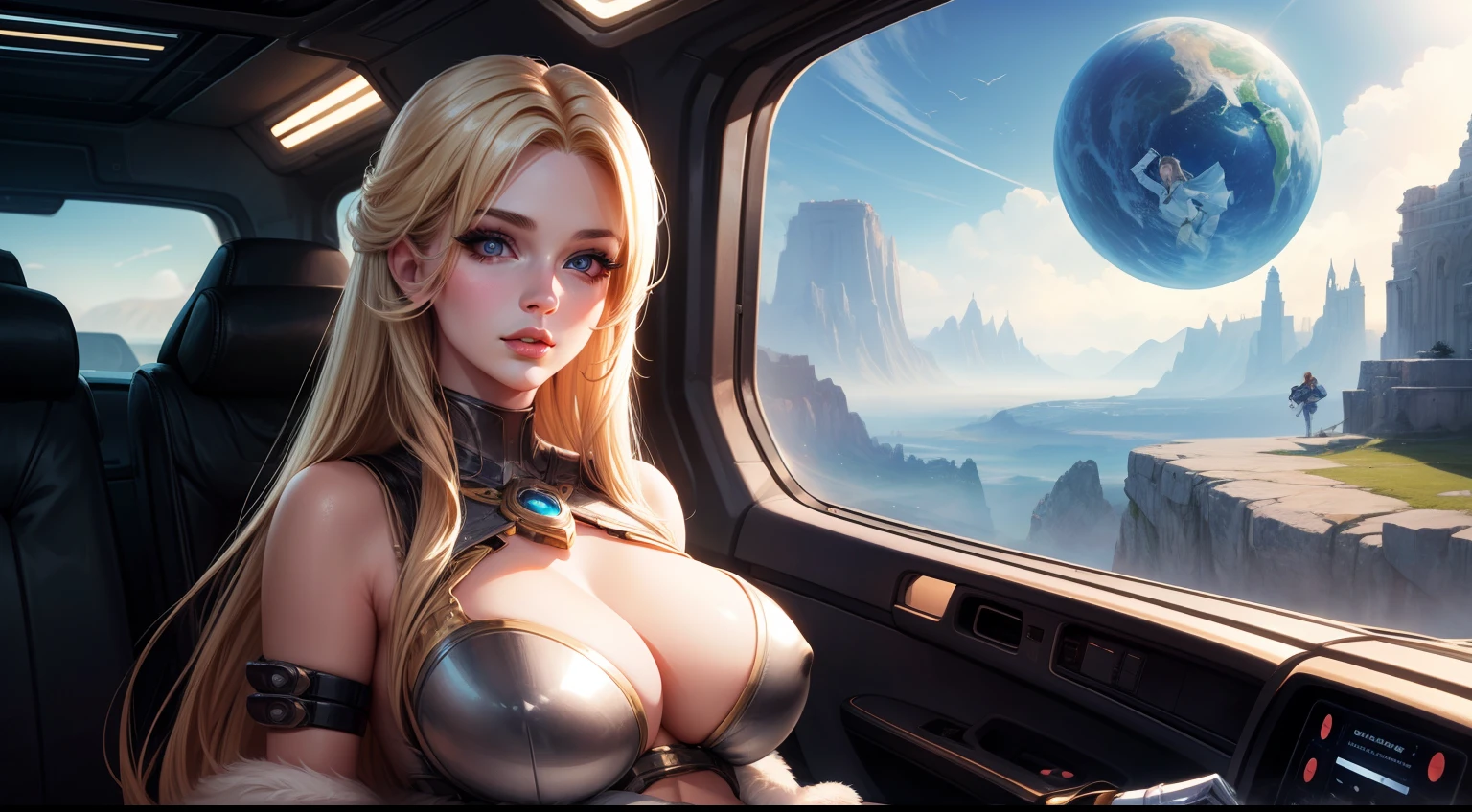 1 woman, masterpiece, detailed eyes, lips, nose, large breasts, blond, enjoying a day out in a new planet fantasy world futuristic, hipster, illustration Nappa