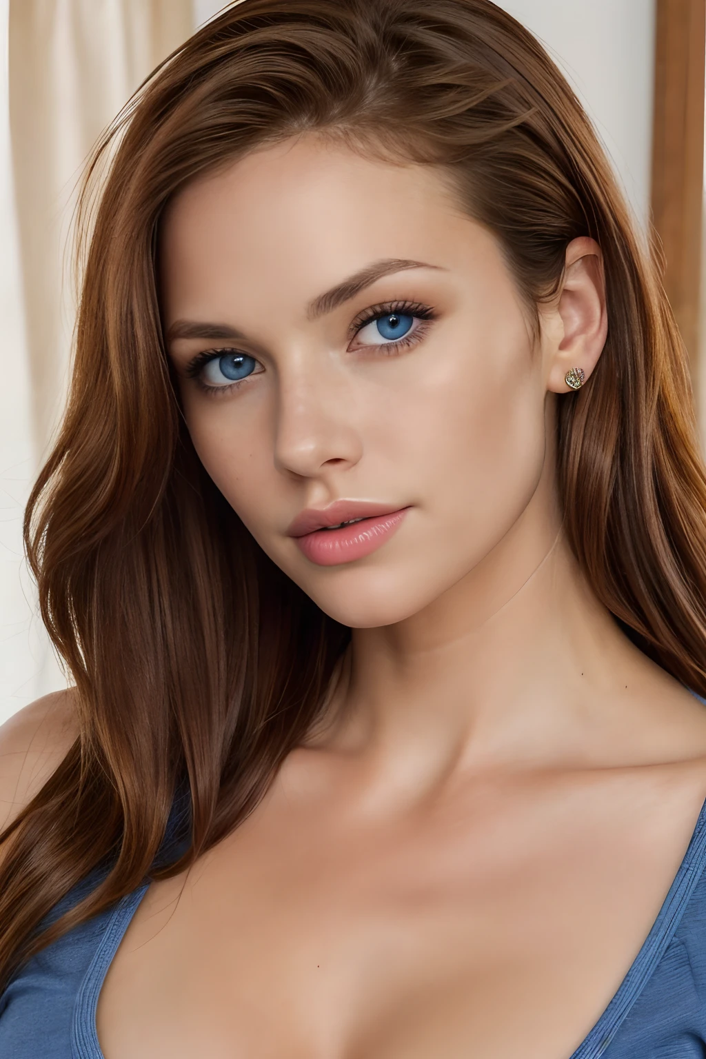 (close-up editorial photo of 40 yo woman, brown hair, slim American sweetheart), (freckles:0.8), (lips parted), realistic blue eyes, POV, realistic[:, (film grain, 25mm, f/1.2, dof, bokeh, beautiful symmetrical face, perfect sparkling eyes, well defined pupils, high contrast eyes, ultra detailed skin, skin pores, vellus hair, fabric stitching, fabric texture, wood grain, stone texture, finely detailed features:1):0.9]