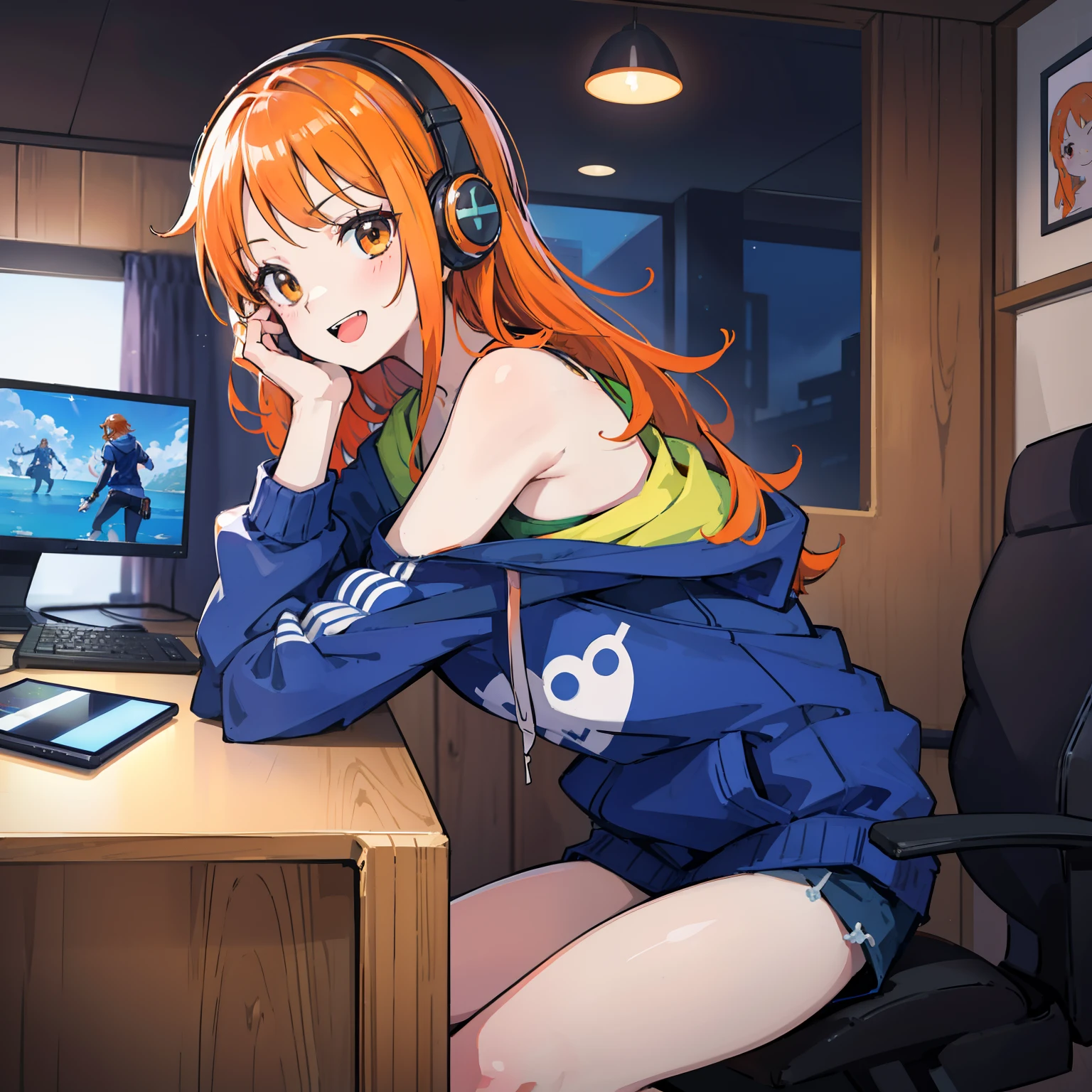 view straight on,Front Angle、masutepiece, Fine detail, 4K, 8K, 12K, Solo, One Person, Beautiful Girl, caucasian female, Nami of one piece, Orange hair, Game Controller, Indoors, Room, Own room, a computer, Playing games, Hoodie、darkened room、headphones、a smile、Opening Mouth、nigh sky、sit a chair、sit a chair、nigh sky