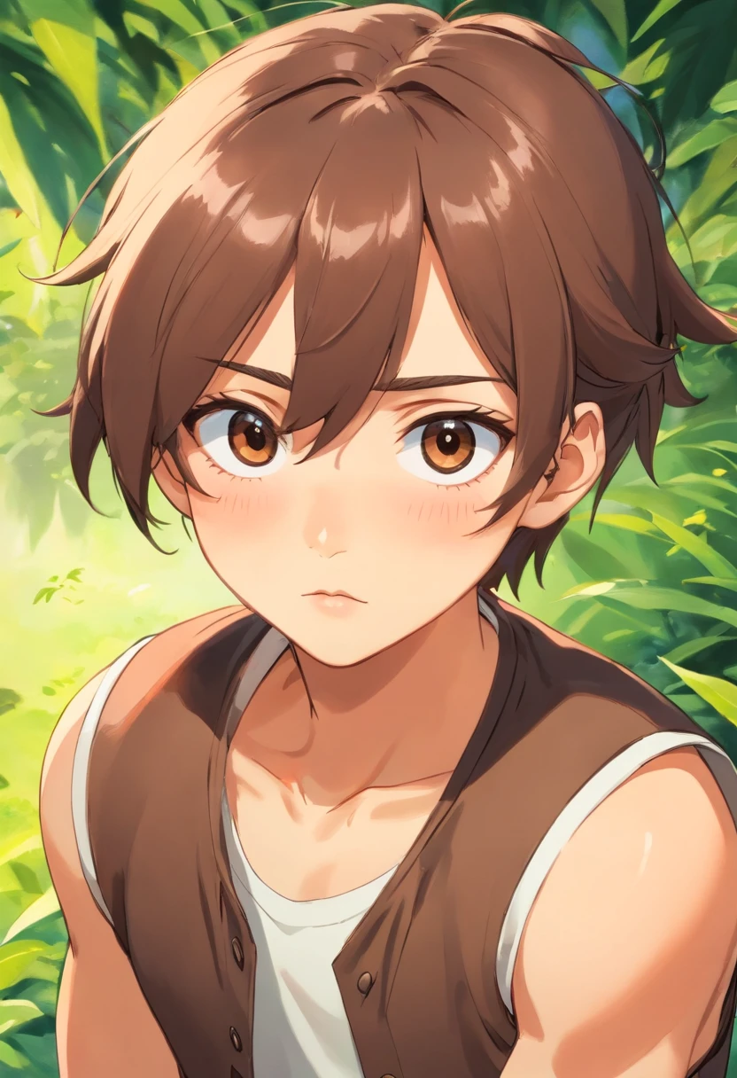 anime boy, short ponytail, black eyes, wearing sleevesless brown vest, smale mole under one eye, thick lips, sharp visuals