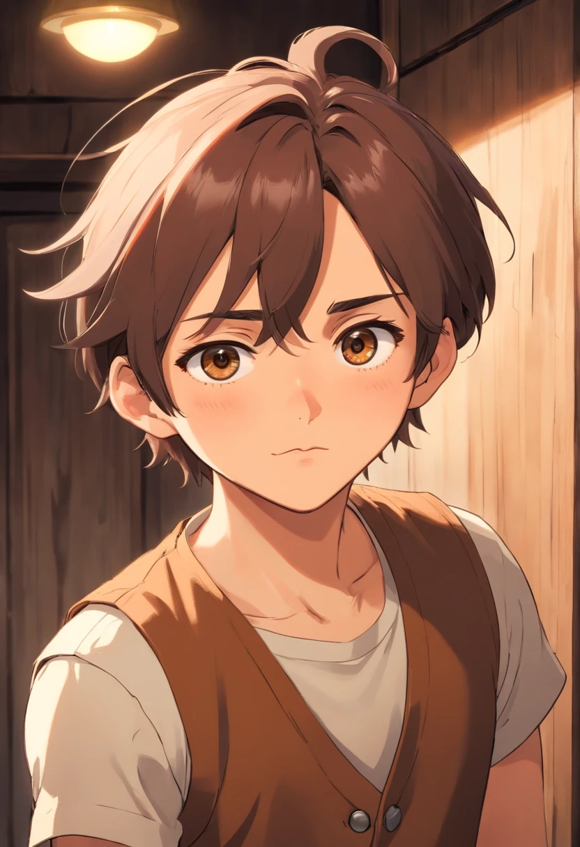 anime boy, short ponytail, black eyes, wearing sleevesless brown vest, smale mole under one eye, thick lips, sharp visuals