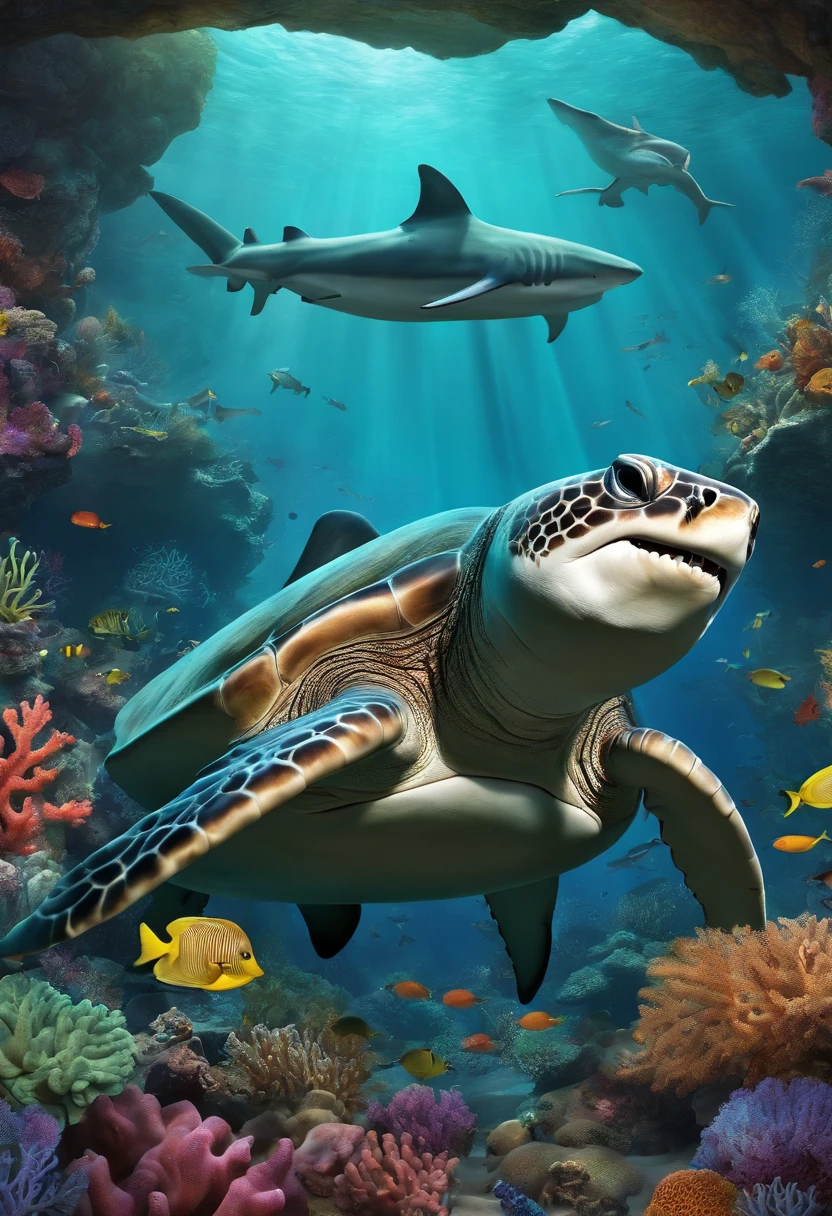 shark, turtle, giant octopus, coral reef cave, shipwreck colorful, drawing
--ar 16:9 --up beta --s 750