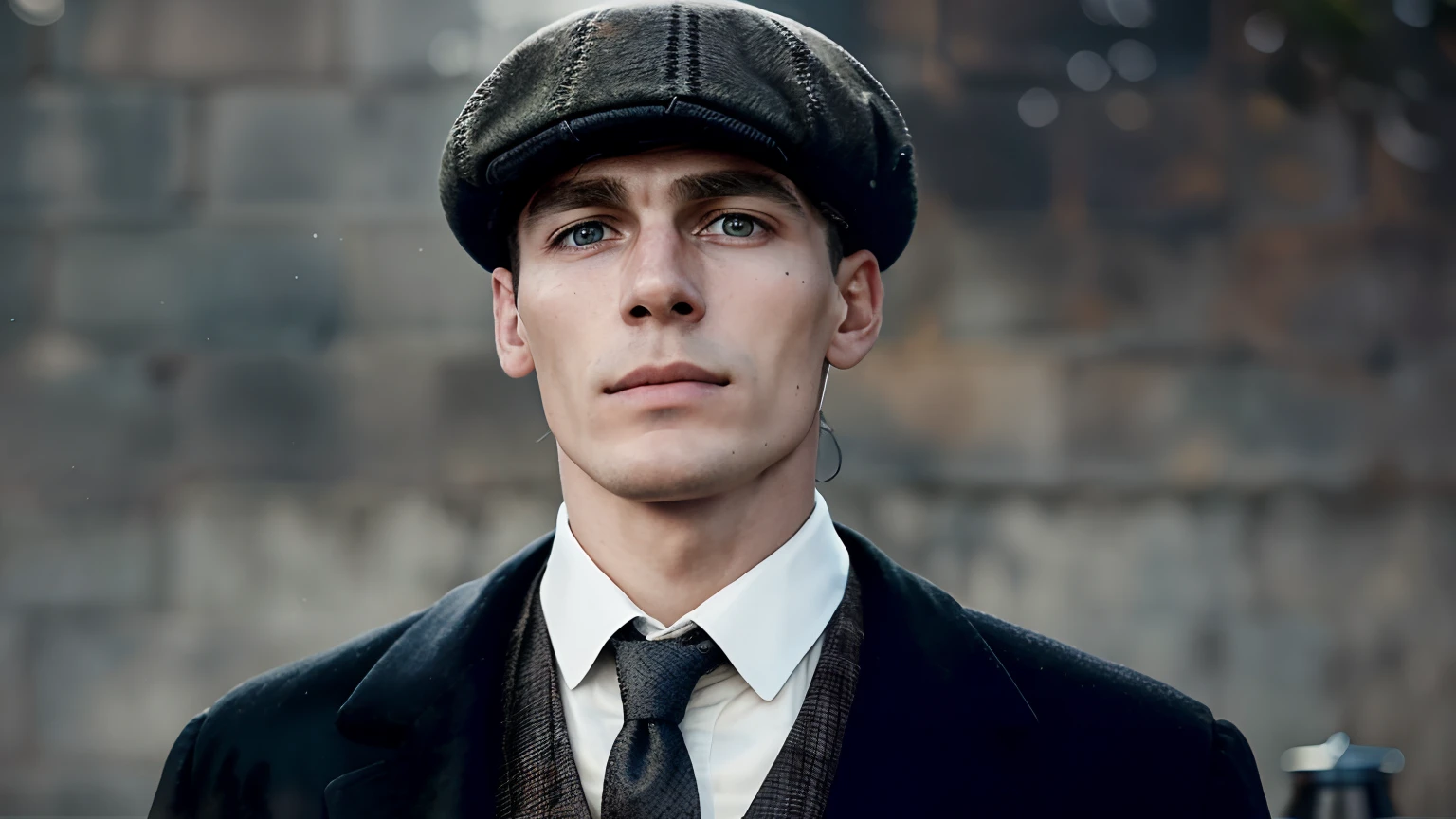 An average shot of Thomas Shelby looking into the camera, Realistic details, foto tirada com uma Nikon D850, perfeitamente iluminado, uma profundidade de campo rasa