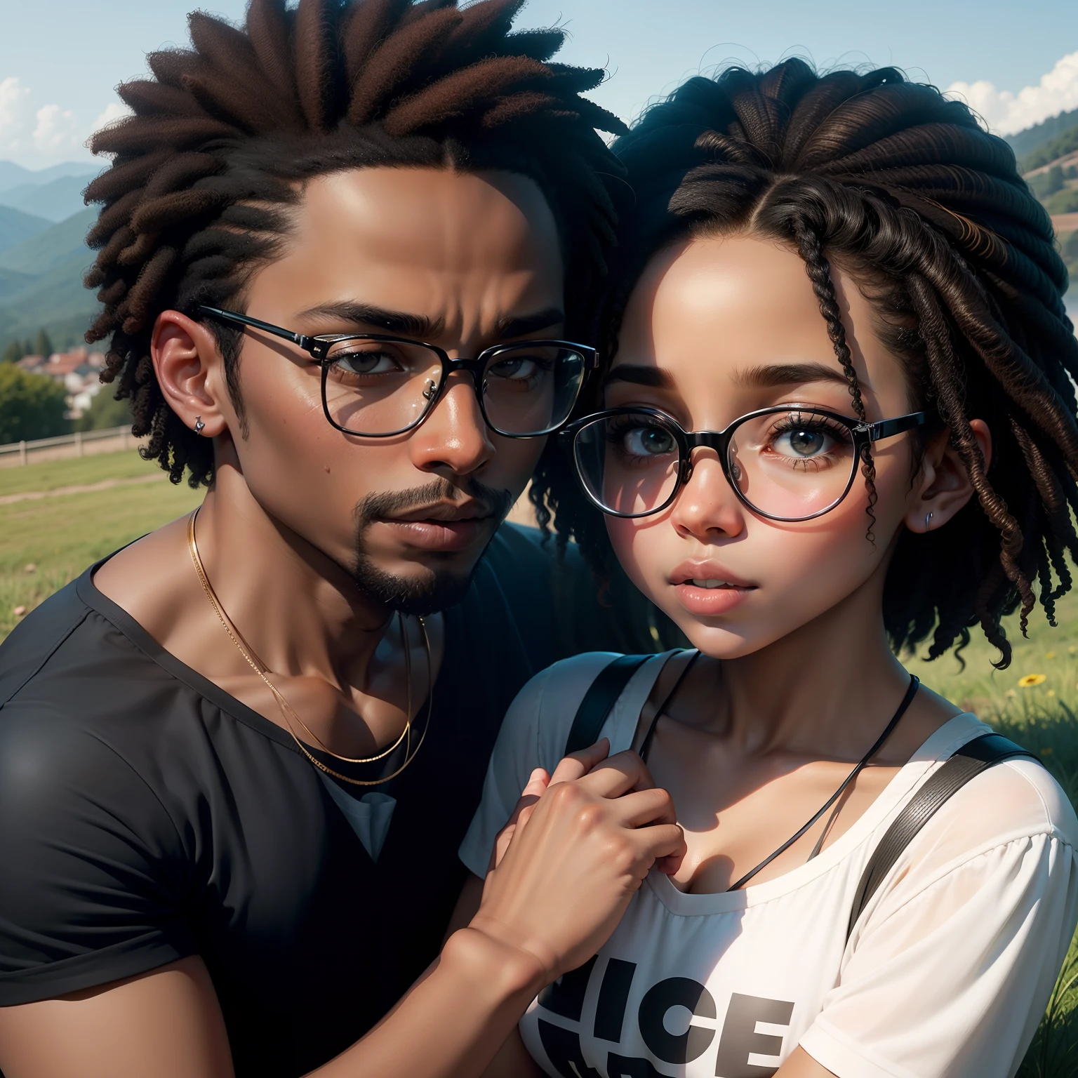 Prompt is to create a scene where a young black man and a young black girl are kissing, Against a backdrop of rolling hills. A imagem deve capturar a ternura e a intimidade do momento, Using play of light and shadow to highlight the depth of their connection. The shadows should stretch behind them, simbolizando a natureza atemporal do amor deles.and they wear glasses