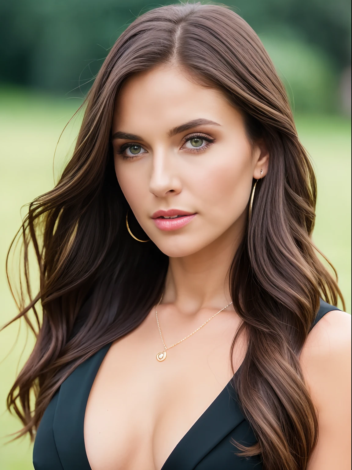 RAW photo, (Extremely detailed 8k wallpaper), elegant business woman, short black dress, confident, fit girl, lean girl, small breasts:1.2, perfect anatomy, perfect symmetry:1.2, realistic, realistic face:1.2, perfect face, happy, confident, highly detailed, nsfw:1.4, fit girl, lean girl, cleavage ,very pretty female caucasian model, brown hair, green eyes, (high detailed skin:1.2), 8k uhd, dslr, soft lighting, high quality, film grain, Fujifilm XT3
