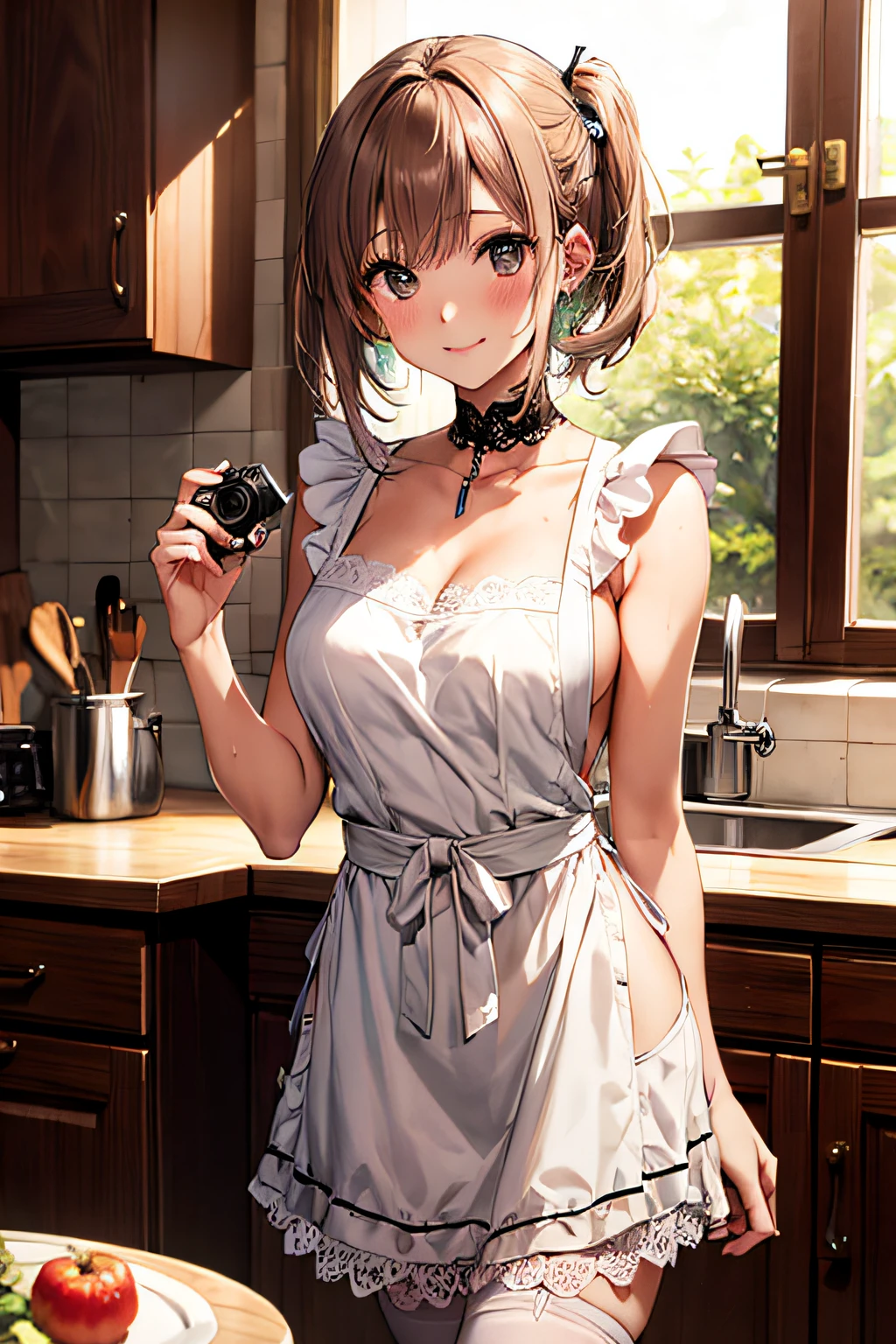 1People Girls、(The 8k quality、Real masterpieces)、(beautiful a girl)、(short hair of red-brown color、hair pin、poneyTail、Floating hair、)barechested、(((Large size white lace apron on bare skin,、)))、Blush with embarrassment、Enraptured eyes、A smile that beguiles the viewer、Lean forward with your elbows on the kitchen table、Look into the photographer、skin glistening with sweat、gazing at viewer、