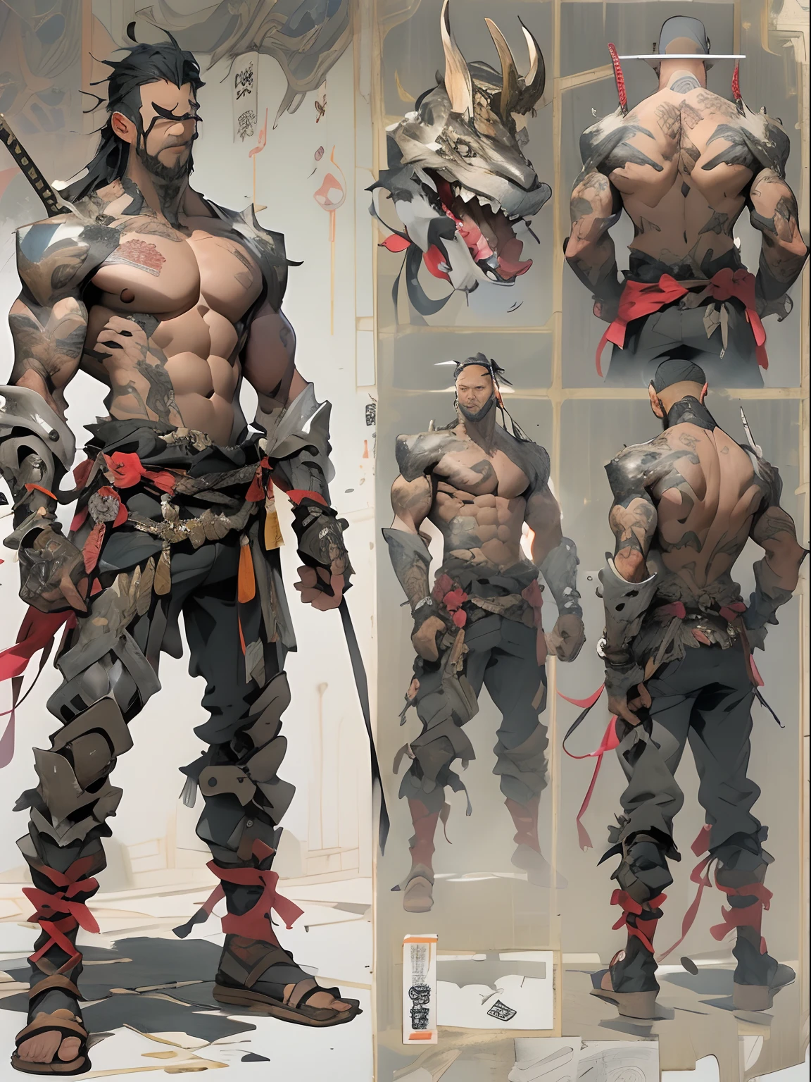 (((mtu))), (((best qualityer))), (((tmasterpiece))), (((AS-Adult))), ((( Japanese ))), Look up from your knees, Handsome Asian samurai,perfect body figure, Modern samurai, ((( Asian))), Wear gloves on your hands,The left arm is made of steel and metal tips,Made of protective devices, The eyes are pulled, (( Appears below the chest )), (( Small dental floss )), Simon Bisley, Almost naked(Simon Bisley)Castle City Wilderness,For high-resolution posters, hair straight, Minimum clothing, armure (Crazy clothes ), Full of tips and rivets, tribal tattoos, (((full bodyesbian))), Straight brunette hair,Colored hair ends