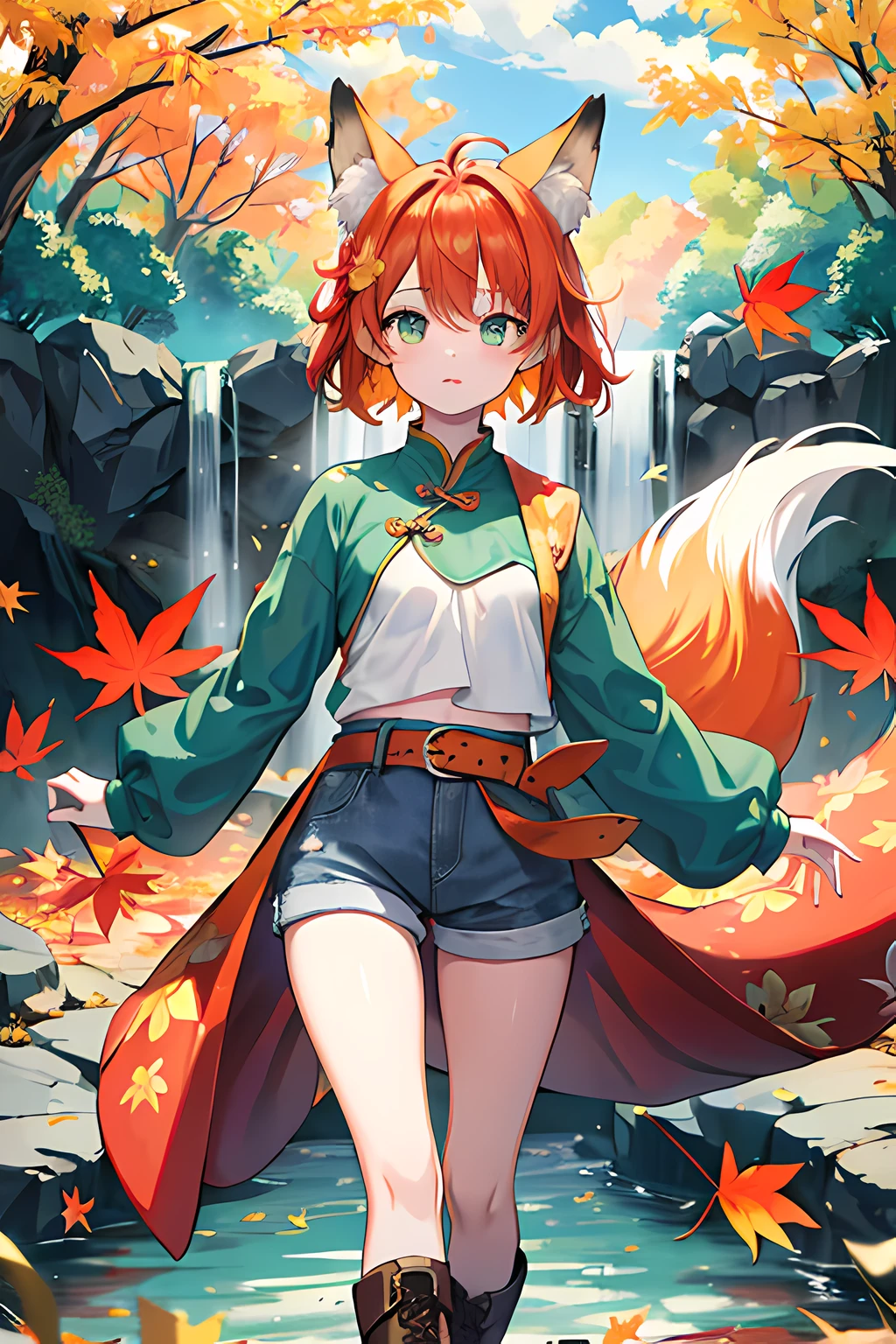 Wonderland,Chinese mythology,Colorful auspicious clouds,autumnal,fall leaves,falling leaf,holding_leaf,fronds,Leaf background,leaf hair ornament,maple leaves,aki_shizuha,Leaf print,starfish,ginkgo leaf,Cephalic parietal lobes,tree,waterfall,dragonfly,acorns, pigtails,Blurred foreground,1girl,In the daytime,painting of a,depth of fields,blurry,tree branch,Hair decoration,Leaves in the wind,ln the forest,exteriors,naturey,bonfires,(wearing green top, blue denim shorts, black belt, brown boots),lookingat_at_viewer,hot onsen,Koi,sitted,tmasterpiece,Best quality at best,(Best quality at best), ((masterpiece)), (highres), Original, Extremely detailed 8K wallpaper, (Extremely Delicately Beautiful), beatiful detailed eyes, Hair flutters in the wind, short hair, lens flare glow, 1little girl,full bodyesbian,(Green eyes),(Fox ears),(orange hair),(Foxtail),(Moe girl:1.1),Nice detailed eyes,small breast,(looking at viewert),(Magazines:1.3),(Cover style:1.3),Fashionab,woman,with dynamism,garments,posing on a,frontage,Colorful,dyna,Background with,element in,self-assured,Expressing the,halter,statement,fittings,A majestic,coil,Runt,Touching pubic area,Scenes,text,Cover of a,Bold,attention-grabbing,titles,Fashionab,typeface,Catchy,titles,more big,smart,modern day,Fashionab, focus-on, Fashionab