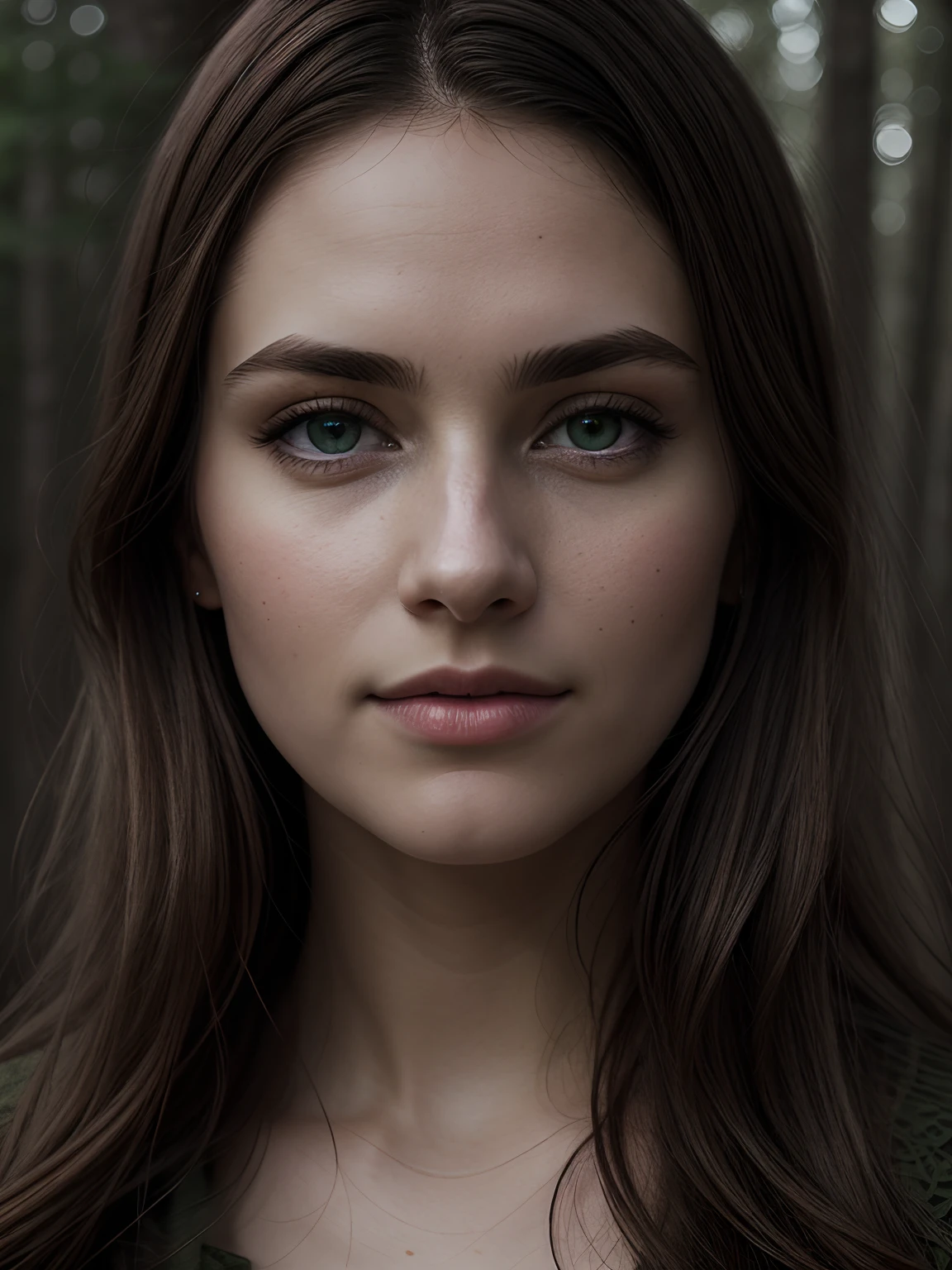 close up of a european woman, brown hair, green eyes, winter forest, natural skin texture, 24mm, 4k textures, soft cinematic light, RAW photo, photorealism, photorealistic, intricate, elegant, highly detailed, sharp focus, ((((cinematic look)))), soothing tones, insane details, intricate details, hyperdetailed, low contrast, soft cinematic light, dim colors, exposure blend, hdr, faded