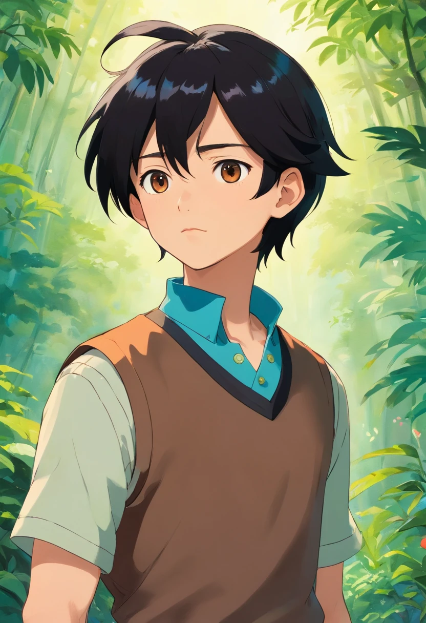 a boy wearing an anime collar, black hair, ponytail, wearing brown vest, sharp visuals, thick lips, in the style of tranquil gardenscapes, colorful animation stills, masami teraoka, aquamarine, paul gauguin, Embry style, honest portrayal