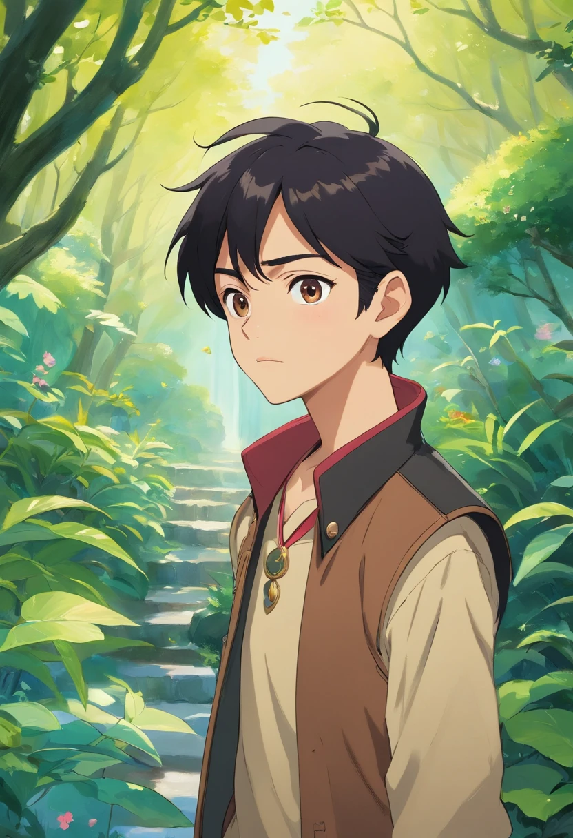 a boy wearing an anime collar, black hair, ponytail, wearing brown vest, sharp visuals, thick lips, in the style of tranquil gardenscapes, colorful animation stills, masami teraoka, aquamarine, paul gauguin, Embry style, honest portrayal